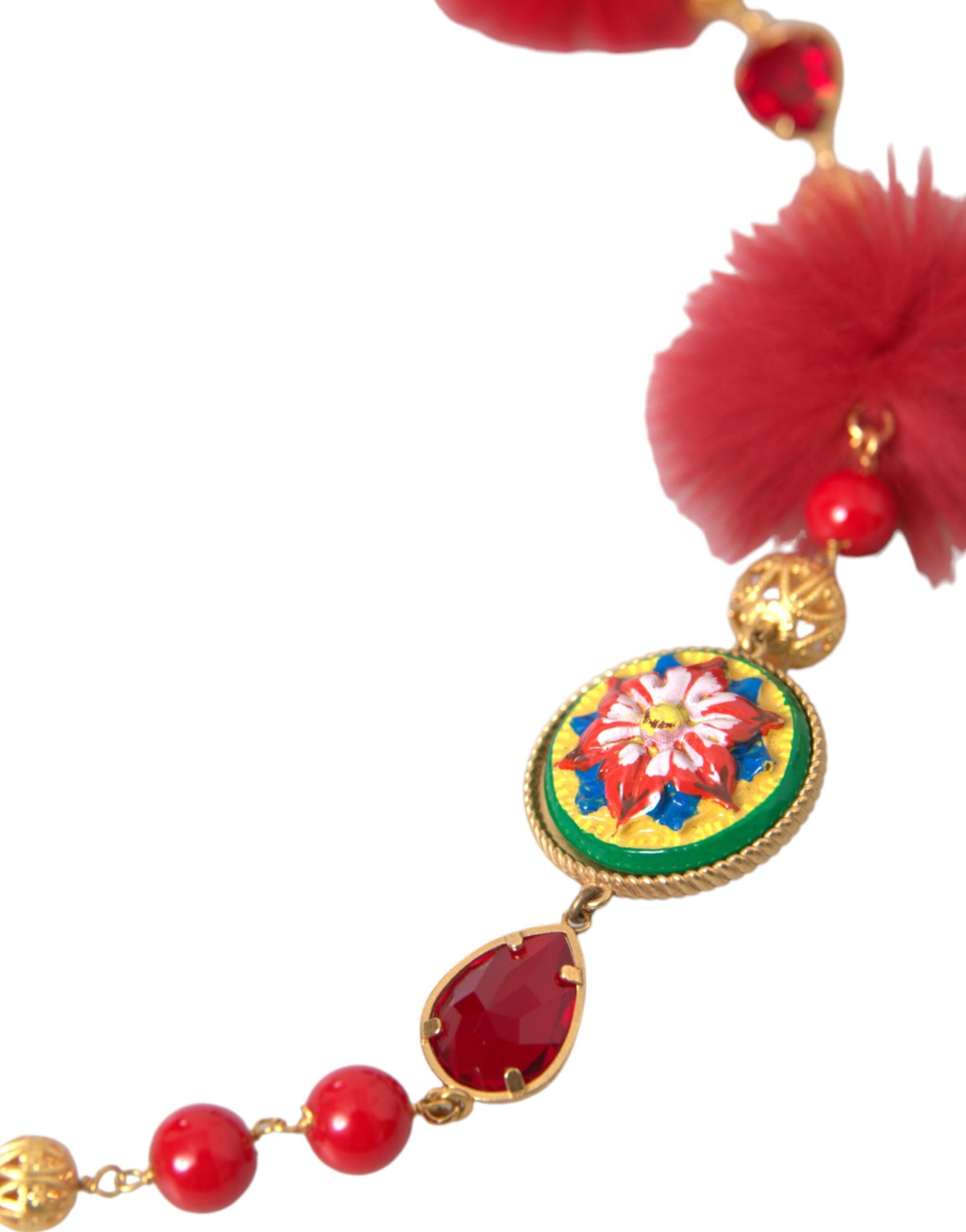 Dolce & Gabbana Brass Fur Crystal Carretto Chain Gold Red Necklace Glam Steals