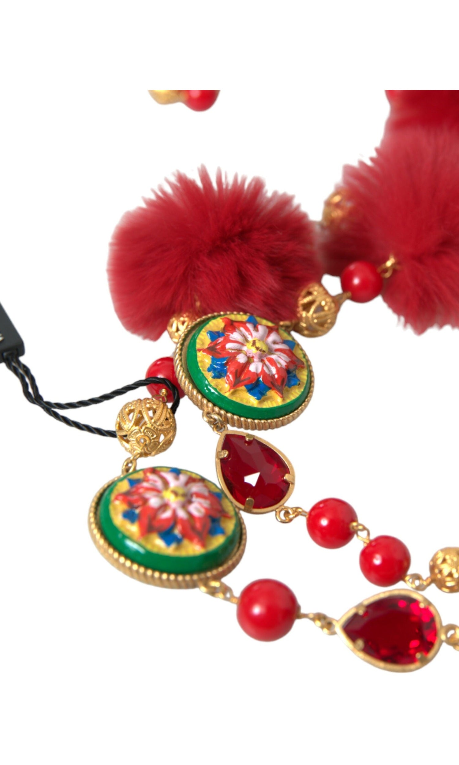 Dolce & Gabbana Brass Fur Crystal Carretto Chain Gold Red Necklace Glam Steals