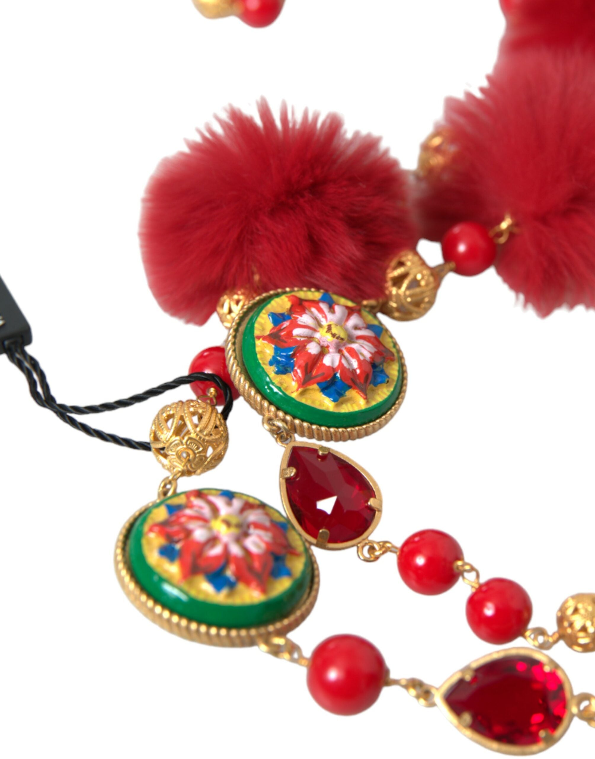 Dolce & Gabbana Brass Fur Crystal Carretto Chain Gold Red Necklace Glam Steals