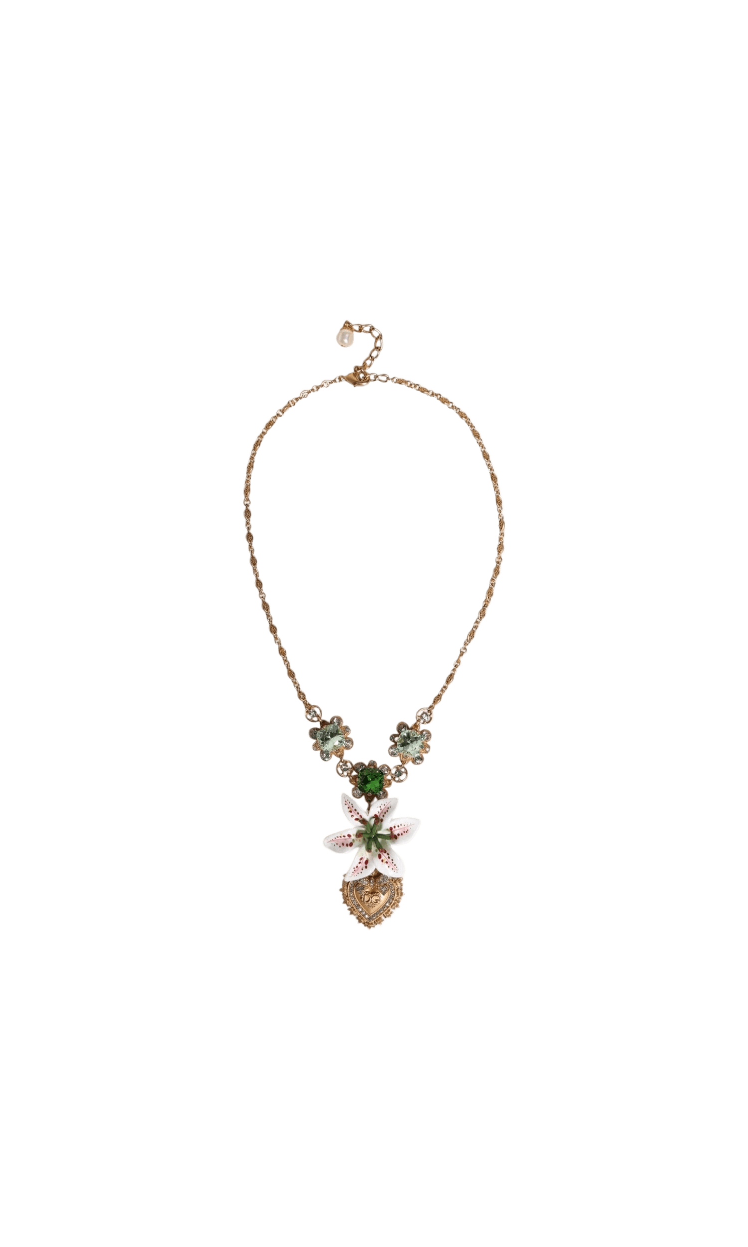 Dolce & Gabbana Brass Lily Crystal Sacred Heart Pendant Gold Necklace Glam Steals