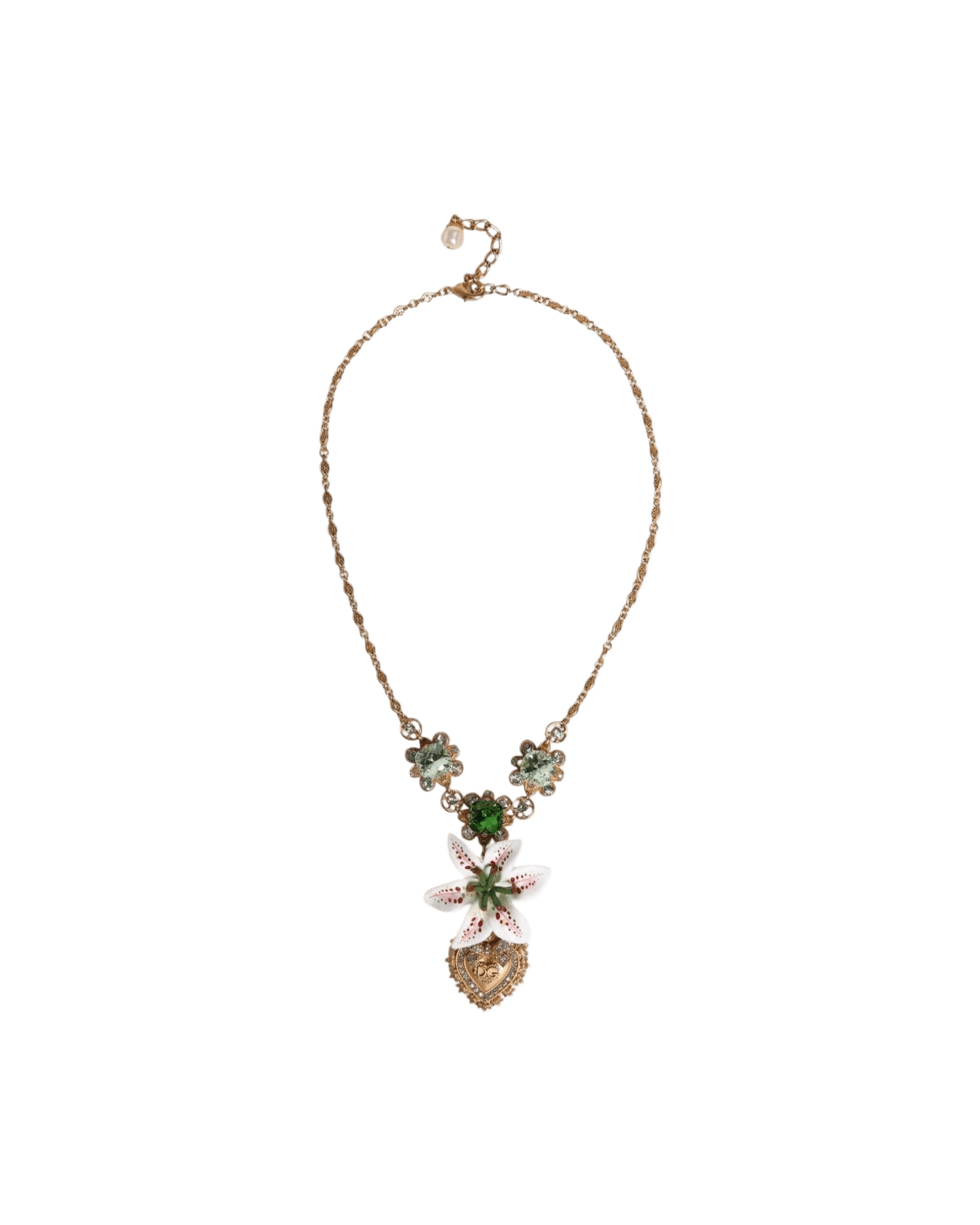 Dolce & Gabbana Brass Lily Crystal Sacred Heart Pendant Gold Necklace Glam Steals