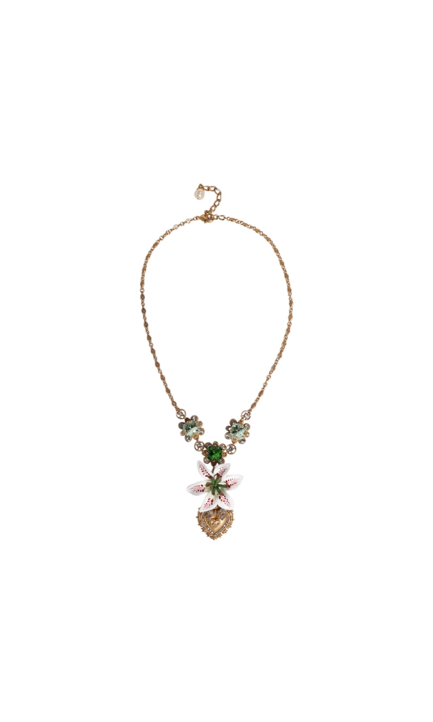 Dolce & Gabbana Brass Lily Crystal Sacred Heart Pendant Gold Necklace Glam Steals