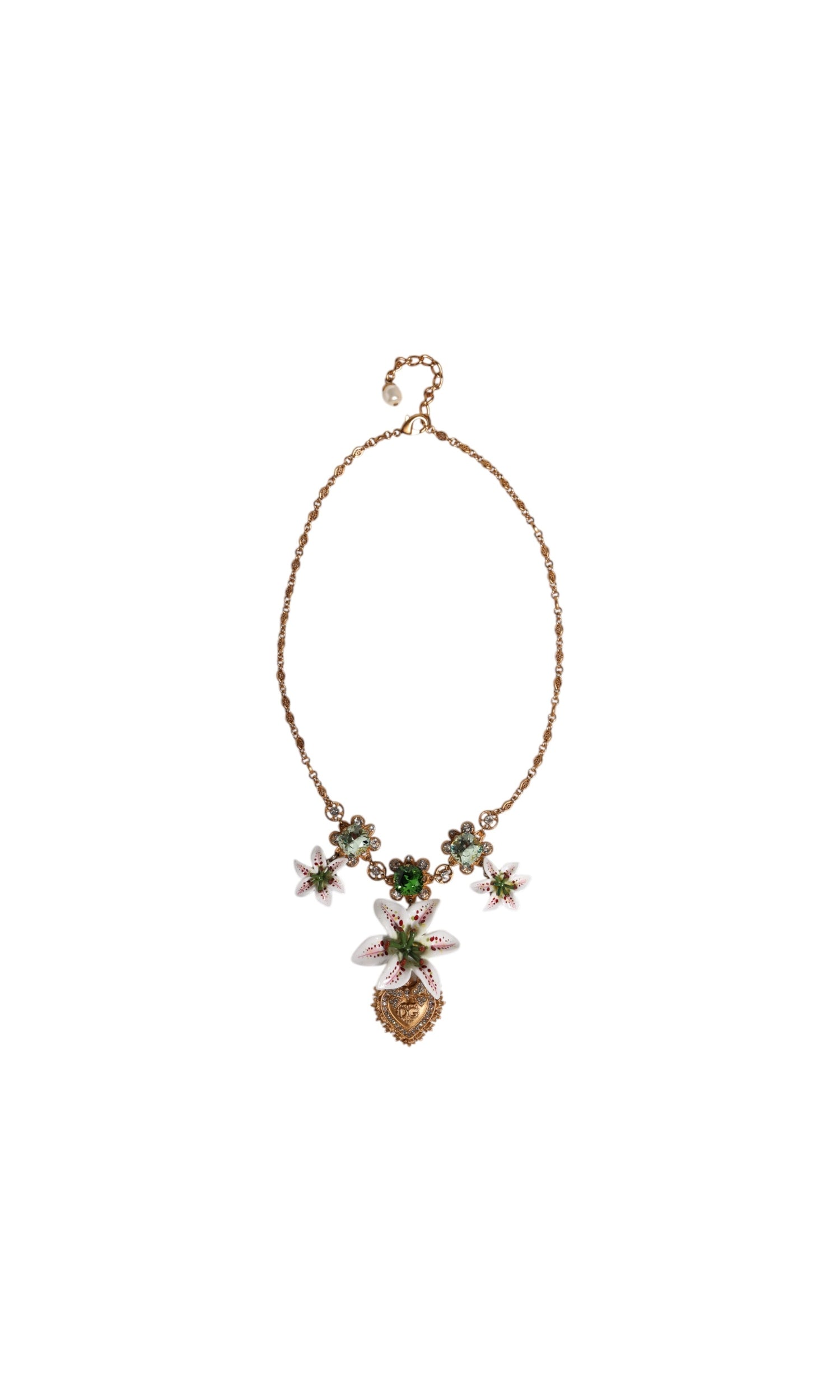 Dolce & Gabbana Brass Lily Crystal Sacred Heart Pendant Gold Necklace Glam Steals