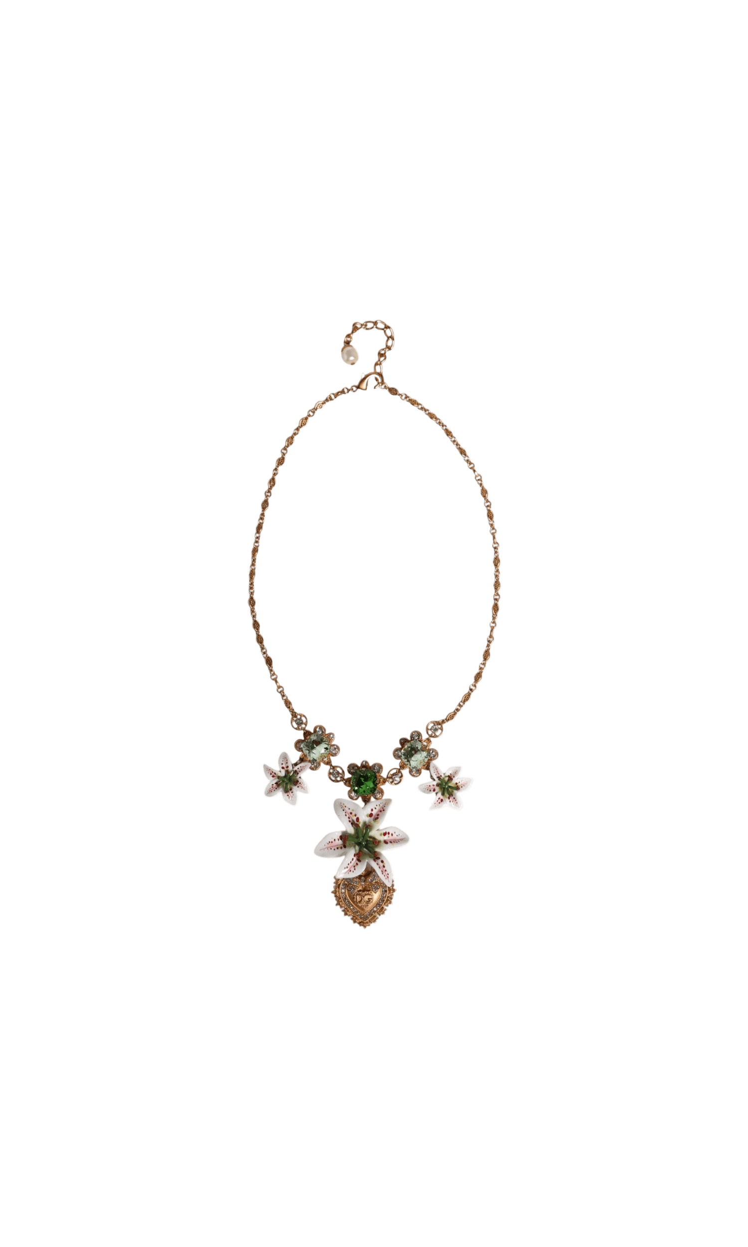 Dolce & Gabbana Brass Lily Crystal Sacred Heart Pendant Gold Necklace Glam Steals