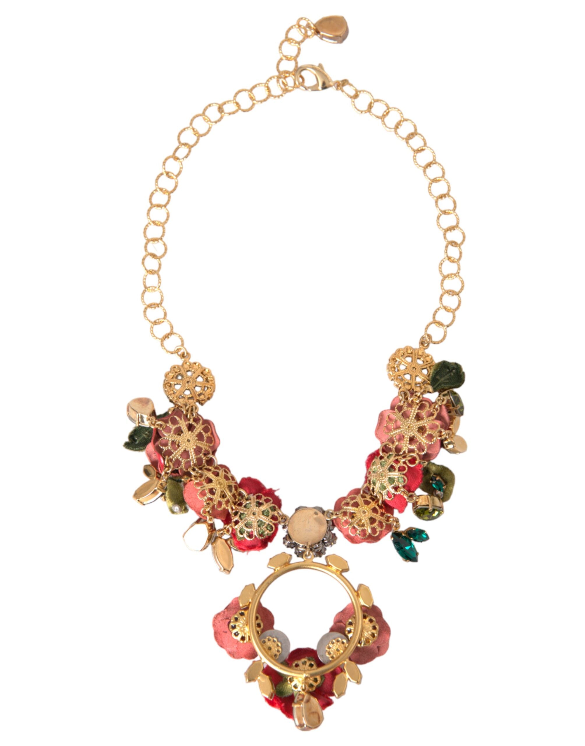 Dolce & Gabbana Brass Link Chain Rosepetal Crystal Pendant Gold Necklace Glam Steals