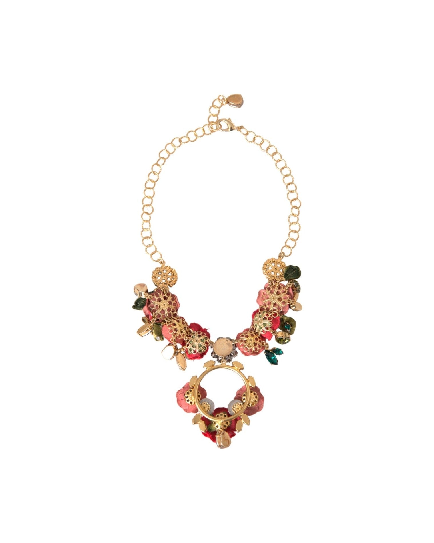 Dolce & Gabbana Brass Link Chain Rosepetal Crystal Pendant Gold Necklace Glam Steals