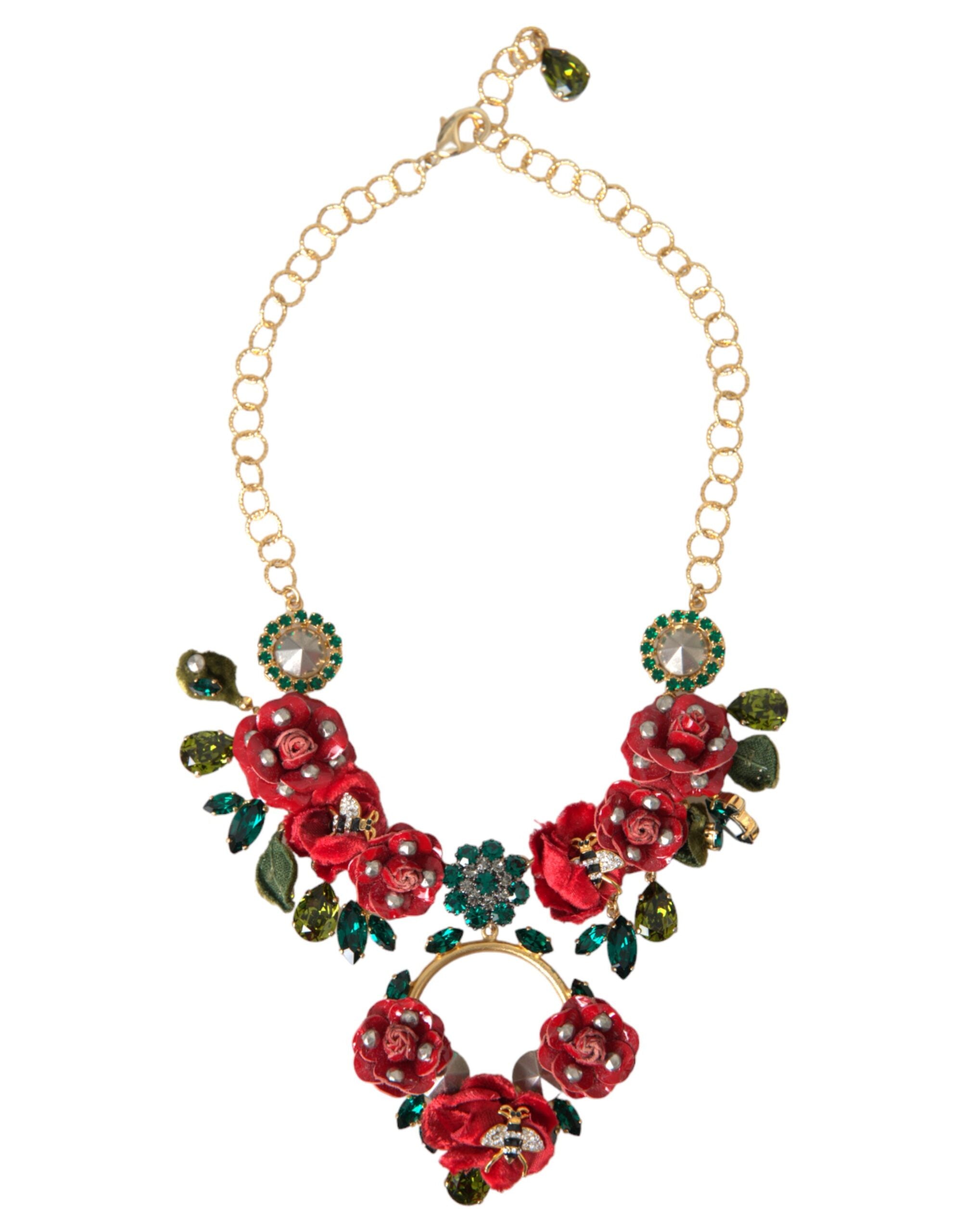 Dolce & Gabbana Brass Link Chain Rosepetal Crystal Pendant Gold Necklace Glam Steals