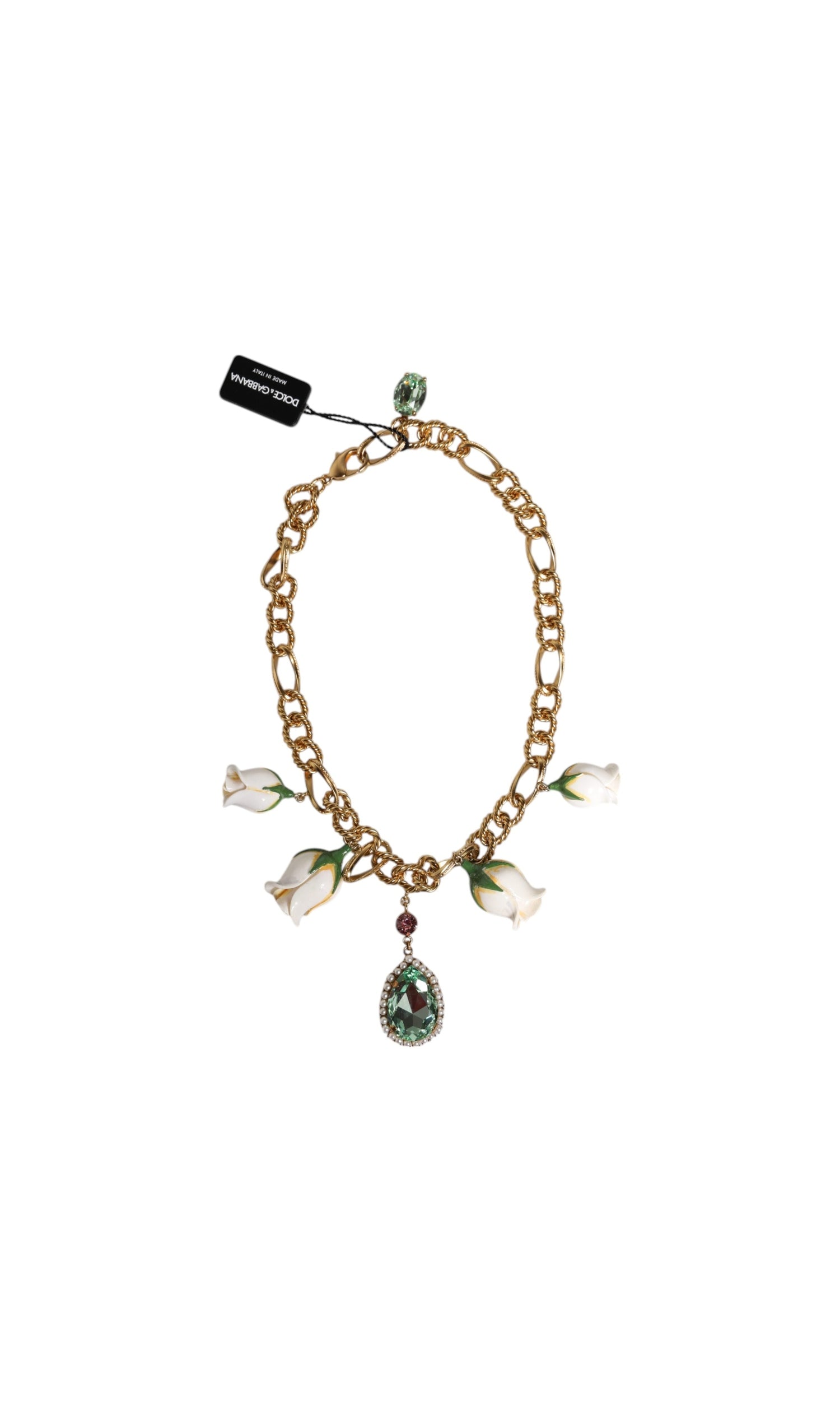 Dolce & Gabbana Brass Shorts Chain Flower Crystal Pendant Gold Necklace Glam Steals