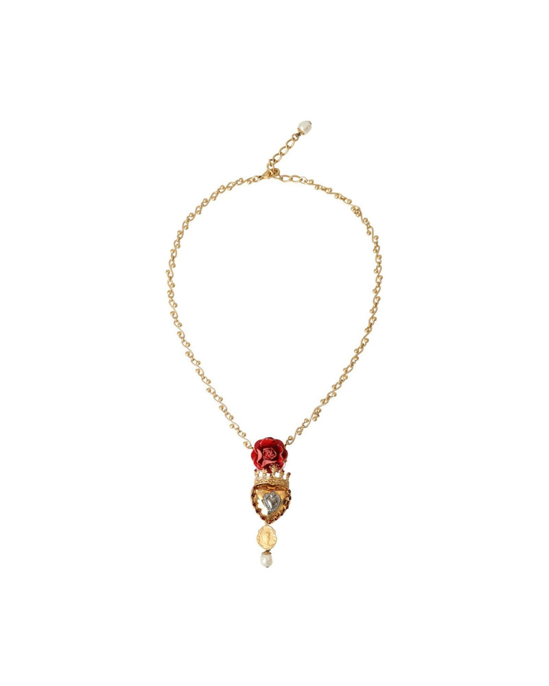 Dolce & Gabbana Brasschain Sacred Heart Rose Crystal Charm Gold Necklace Glam Steals