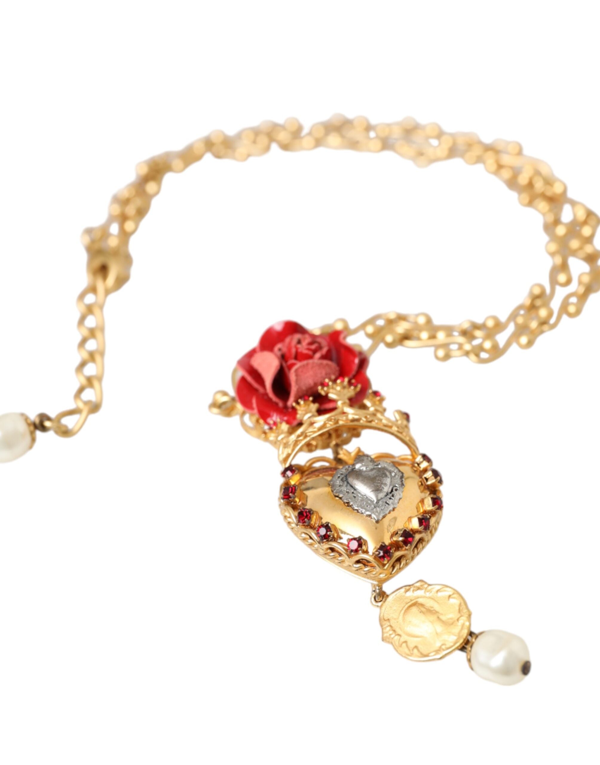 Dolce & Gabbana Brasschain Sacred Heart Rose Crystal Charm Gold Necklace Glam Steals