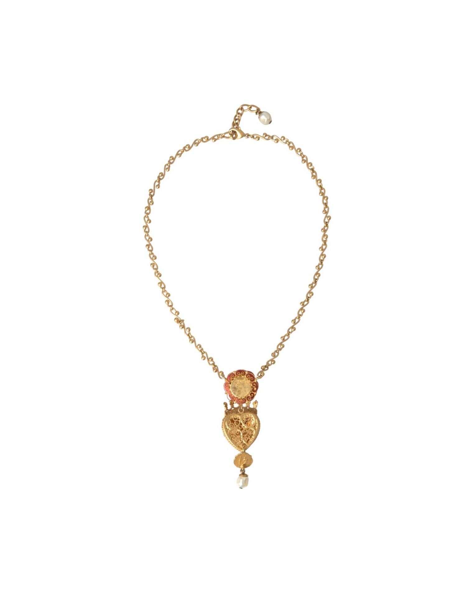 Dolce & Gabbana Brasschain Sacred Heart Rose Crystal Charm Gold Necklace Glam Steals