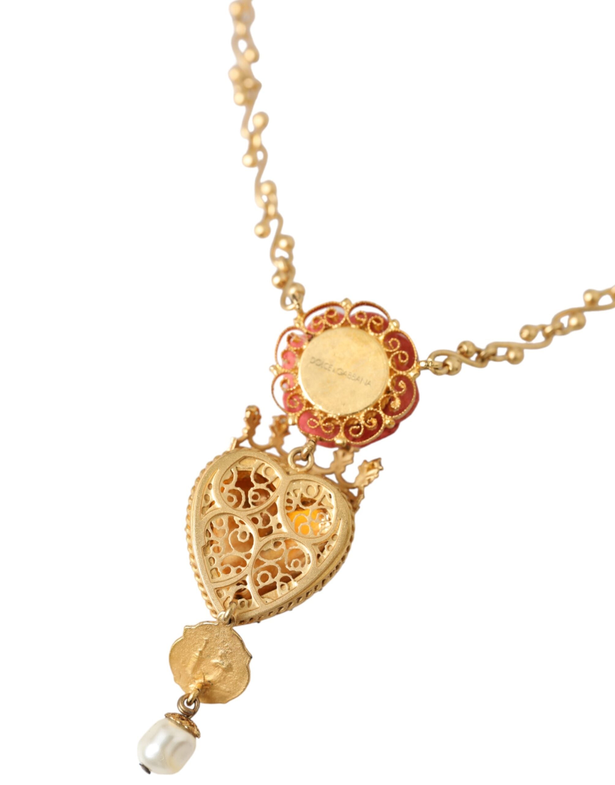 Dolce & Gabbana Brasschain Sacred Heart Rose Crystal Charm Gold Necklace Glam Steals