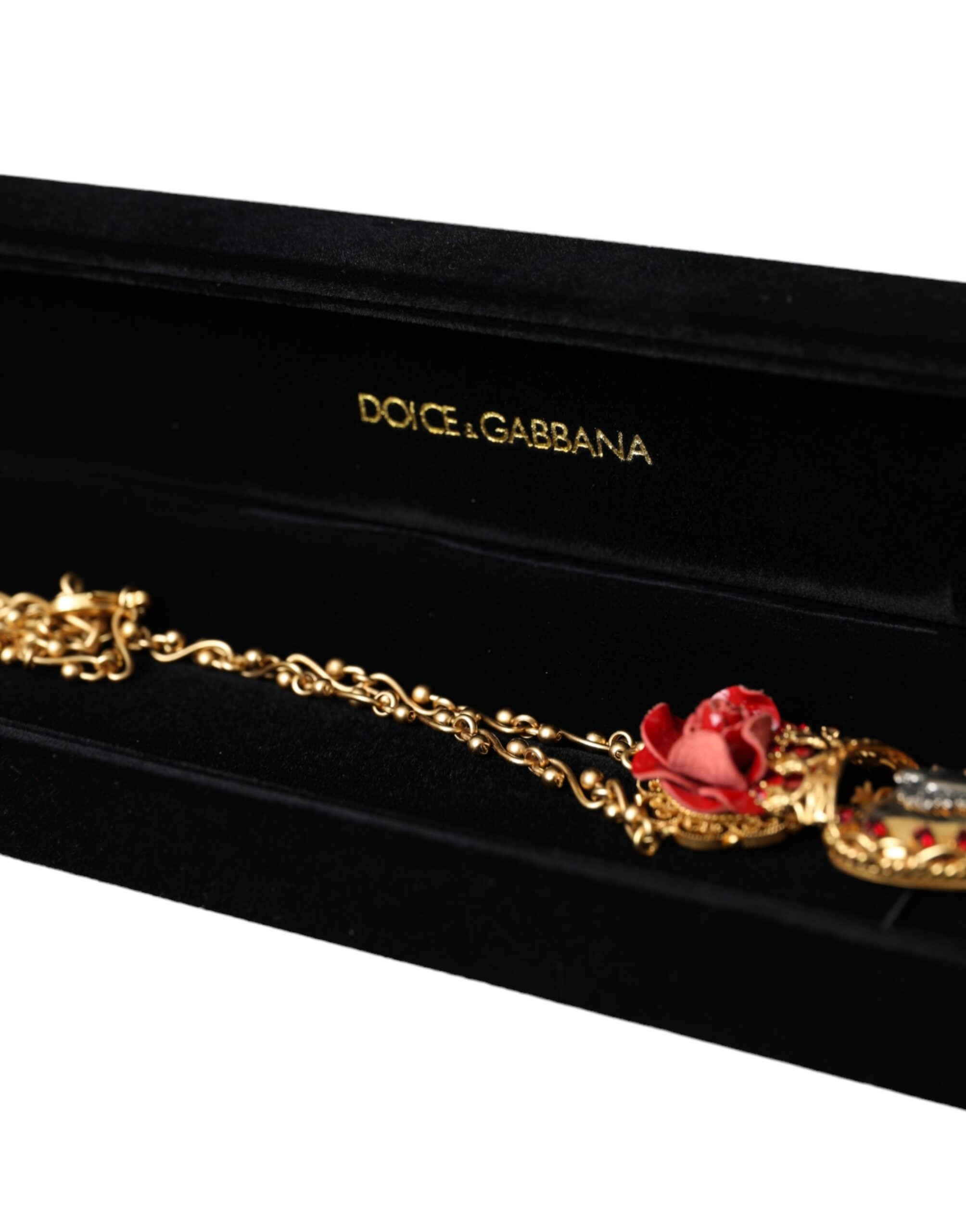 Dolce & Gabbana Brasschain Sacred Heart Rose Crystal Charm Gold Necklace Glam Steals