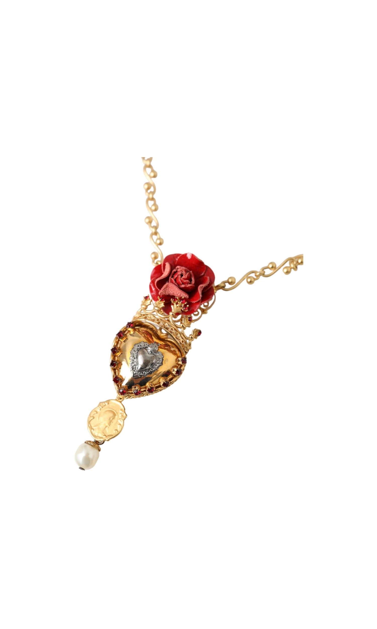 Dolce & Gabbana Brasschain Sacred Heart Rose Crystal Charm Gold Necklace Glam Steals