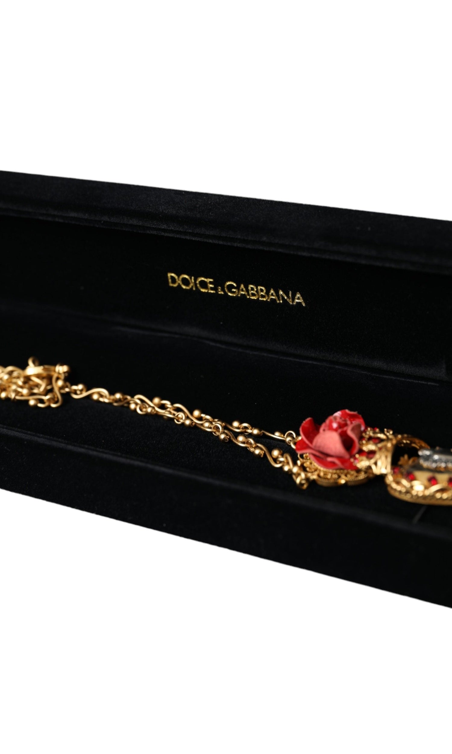 Dolce & Gabbana Brasschain Sacred Heart Rose Crystal Charm Gold Necklace Glam Steals