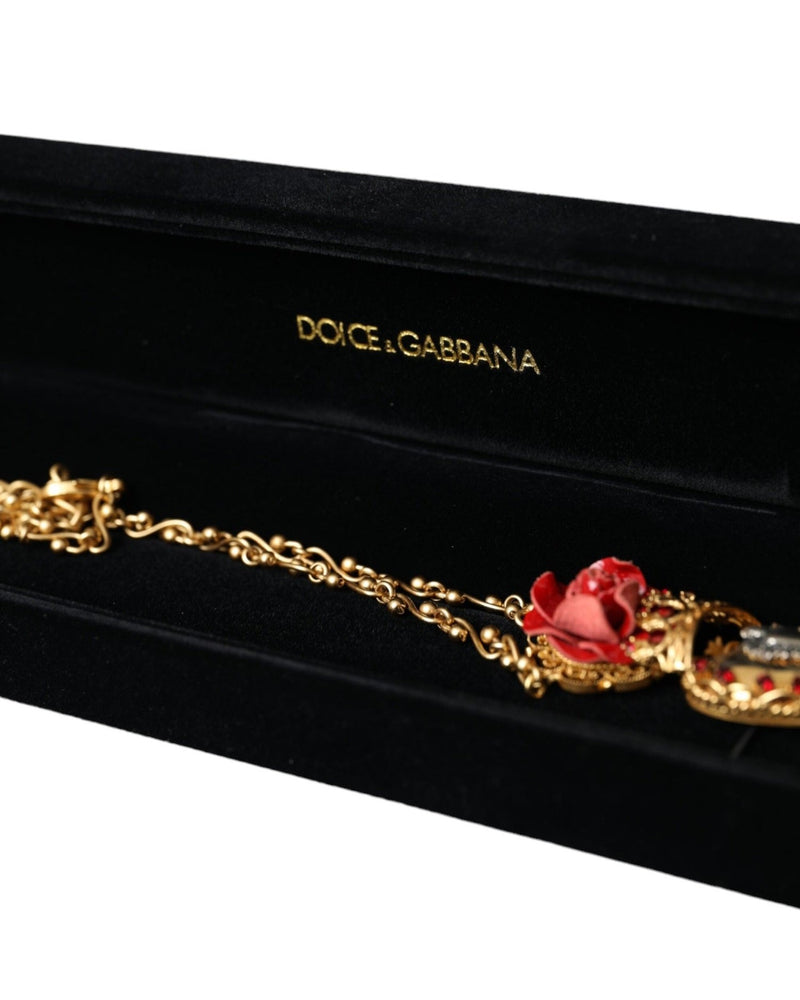 Dolce & Gabbana Brasschain Sacred Heart Rose Crystal Charm Gold Necklace Glam Steals