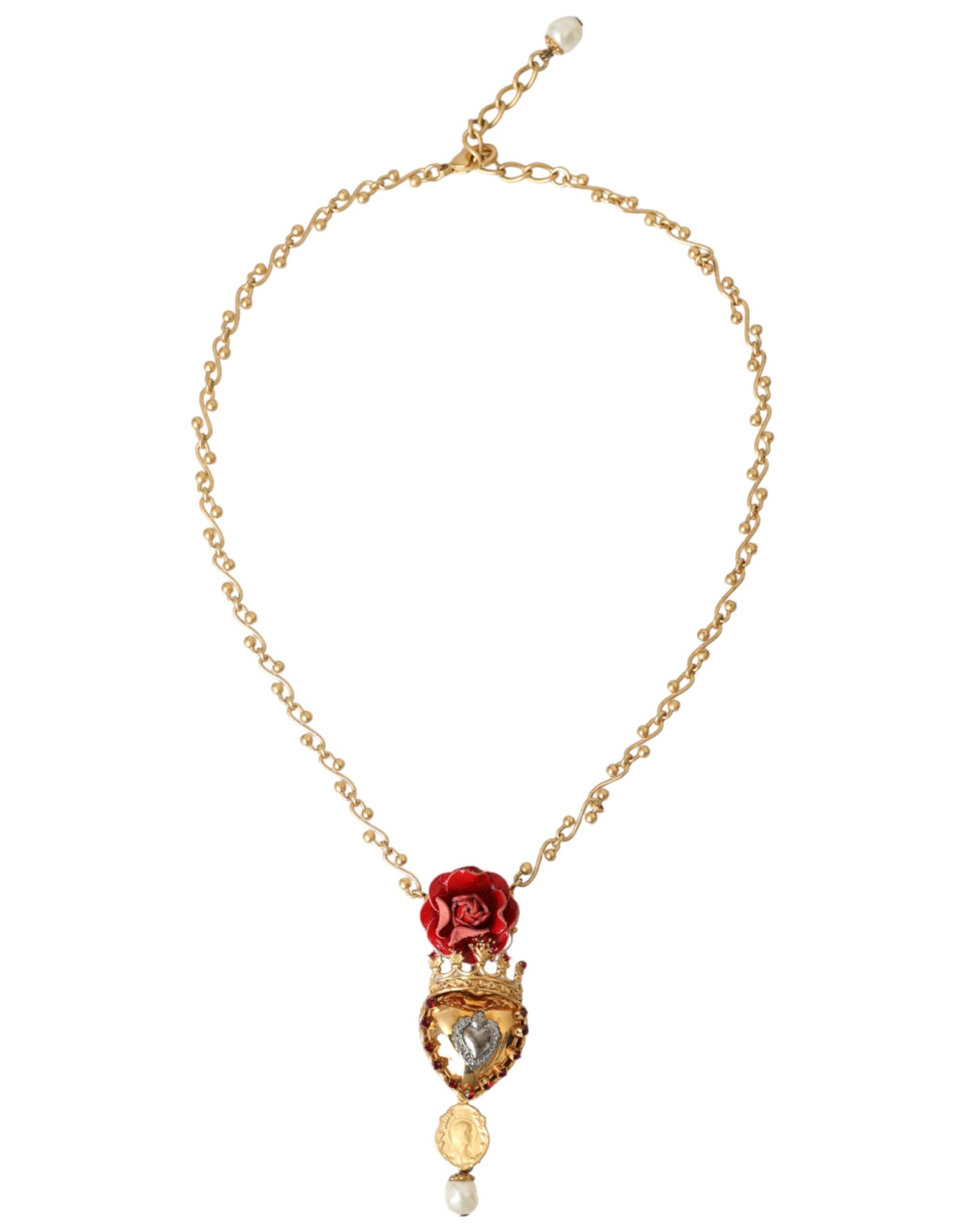 Dolce & Gabbana Brasschain Sacred Heart Rose Crystal Charm Gold Necklace Glam Steals