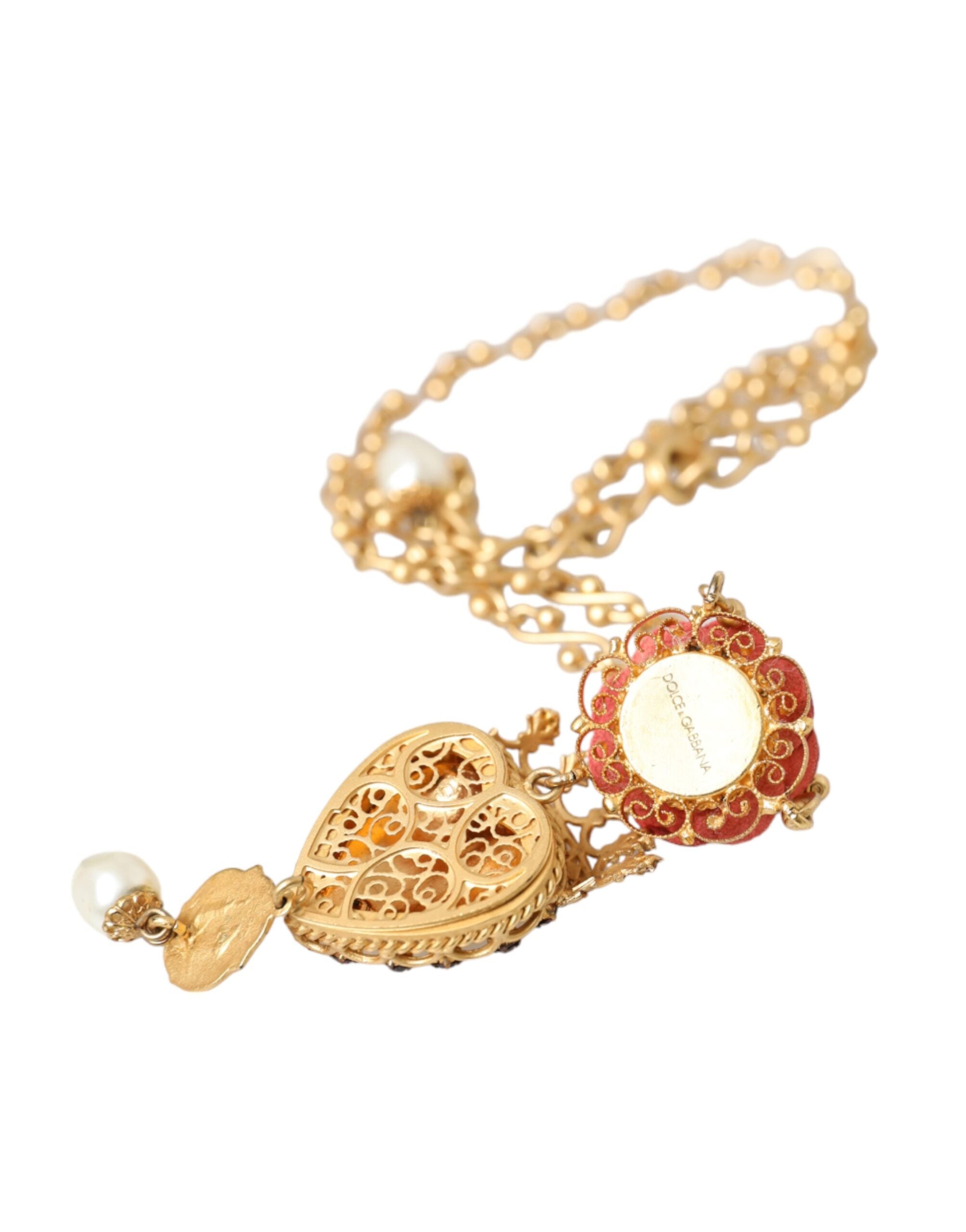 Dolce & Gabbana Brasschain Sacred Heart Rose Crystal Charm Gold Necklace Glam Steals