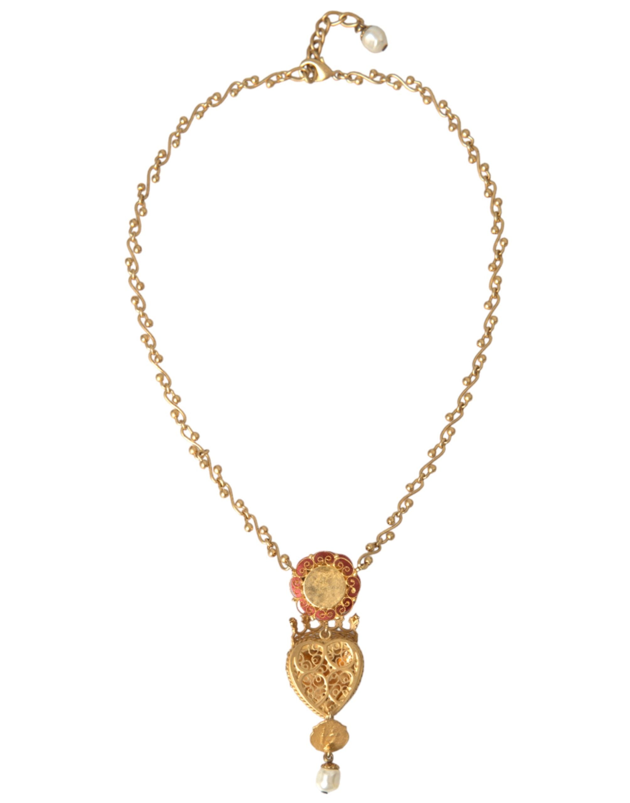 Dolce & Gabbana Brasschain Sacred Heart Rose Crystal Charm Gold Necklace Glam Steals