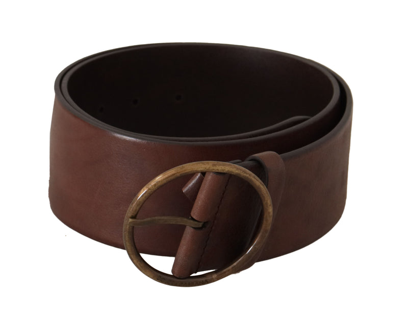 Dolce & Gabbana Brown Leather Dark Wide Waist Metal Round Buckle Belt Glam Steals