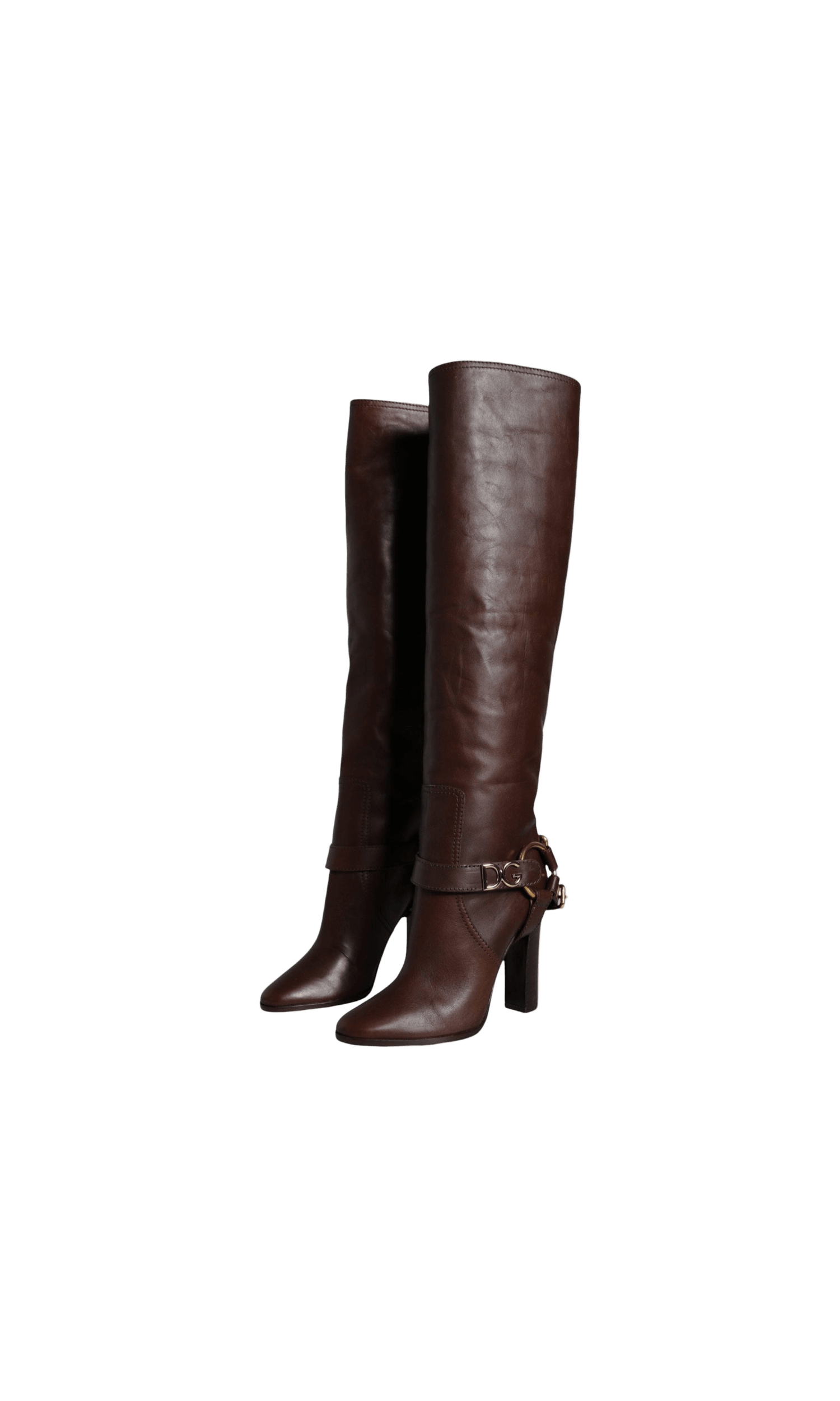 Dolce & Gabbana Brown Leather Gold Tone Logo High Boots Shoes Glam Steals