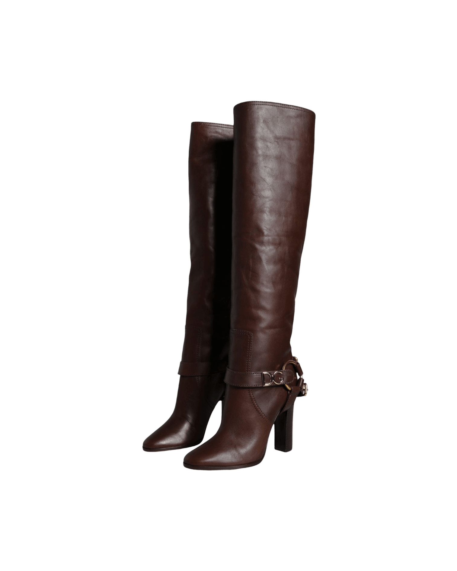 Dolce & Gabbana Brown Leather Gold Tone Logo High Boots Shoes Glam Steals