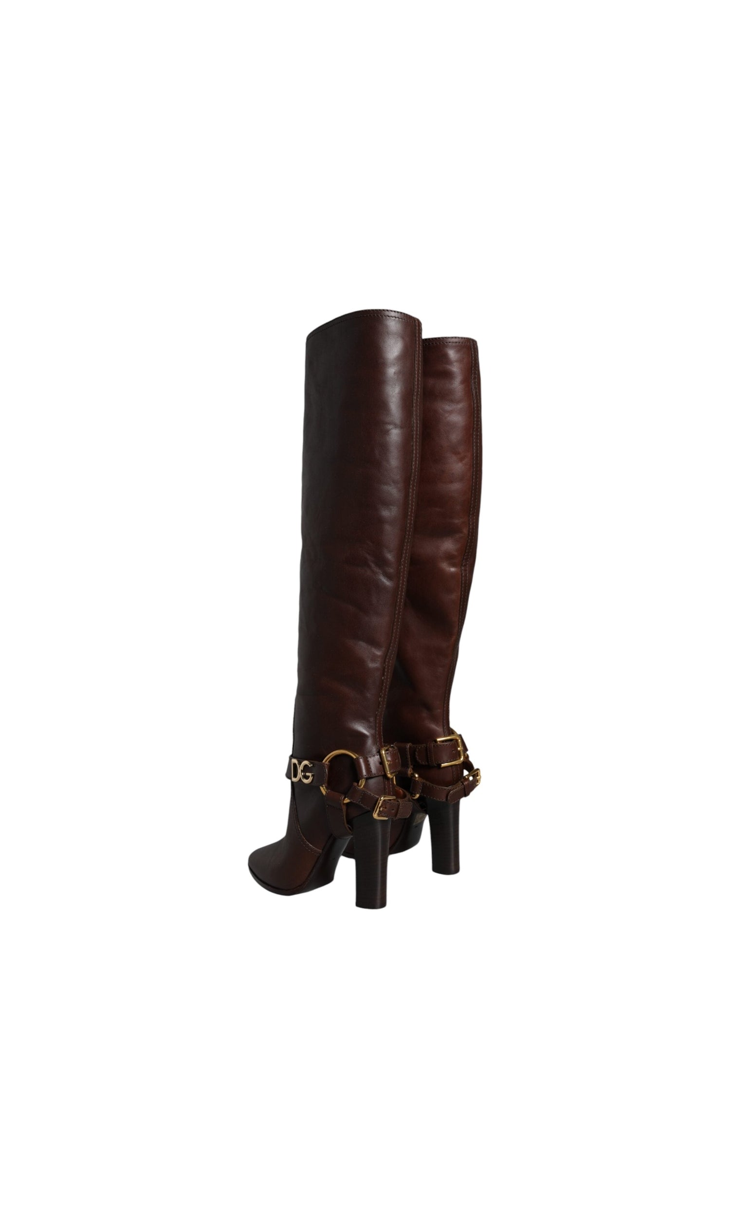 Dolce & Gabbana Brown Leather Gold Tone Logo High Boots Shoes Glam Steals