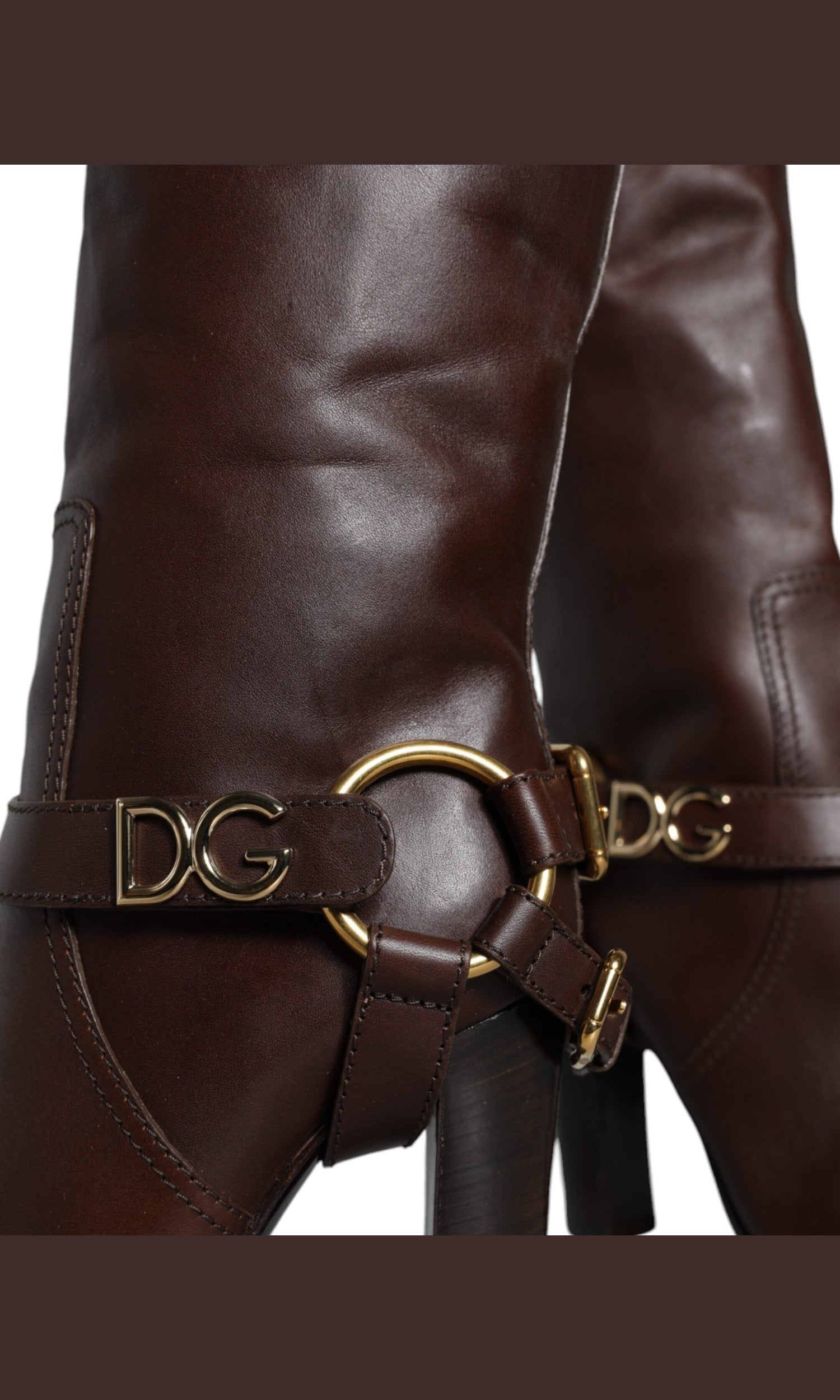 Dolce & Gabbana Brown Leather Gold Tone Logo High Boots Shoes Glam Steals