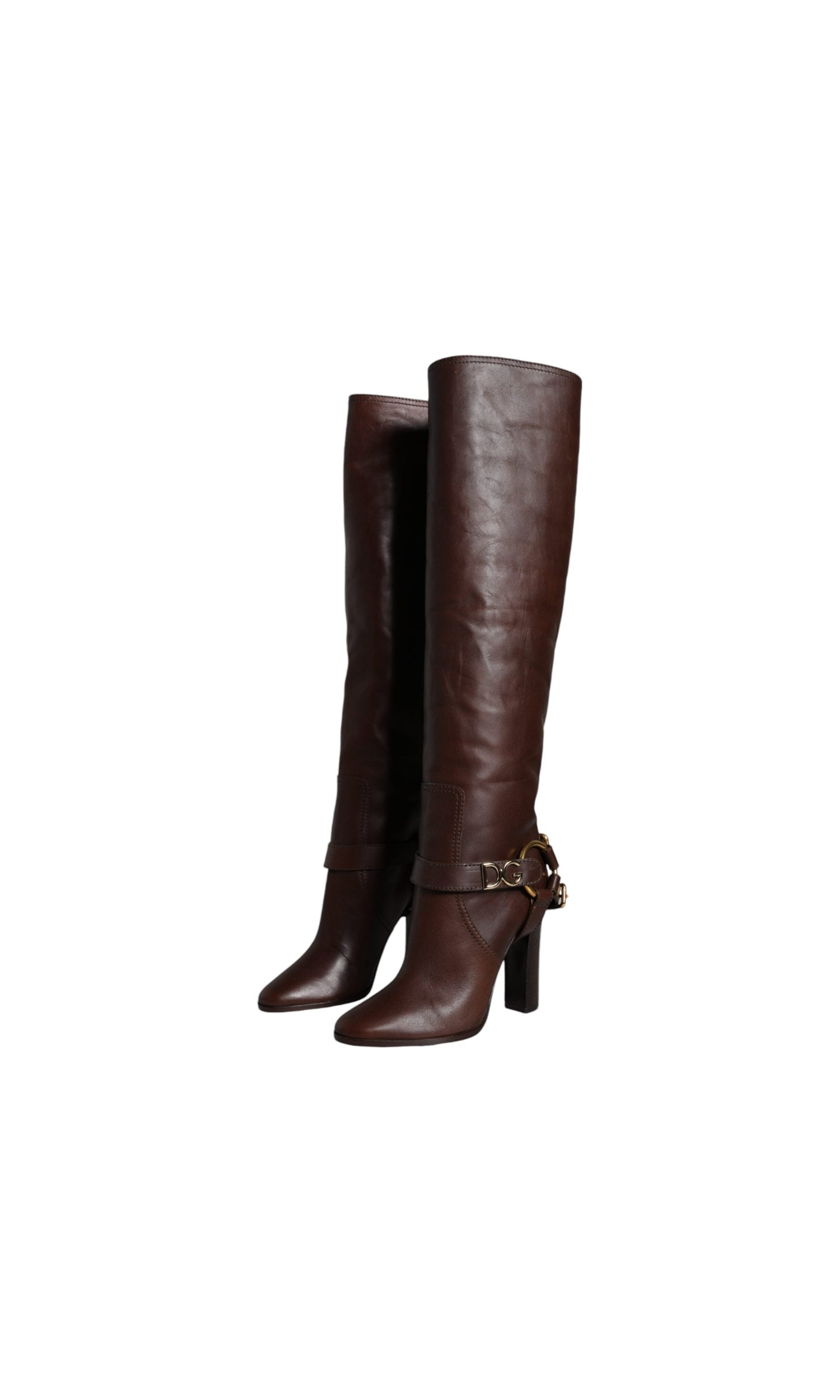 Dolce & Gabbana Brown Leather Gold Tone Logo High Boots Shoes Glam Steals