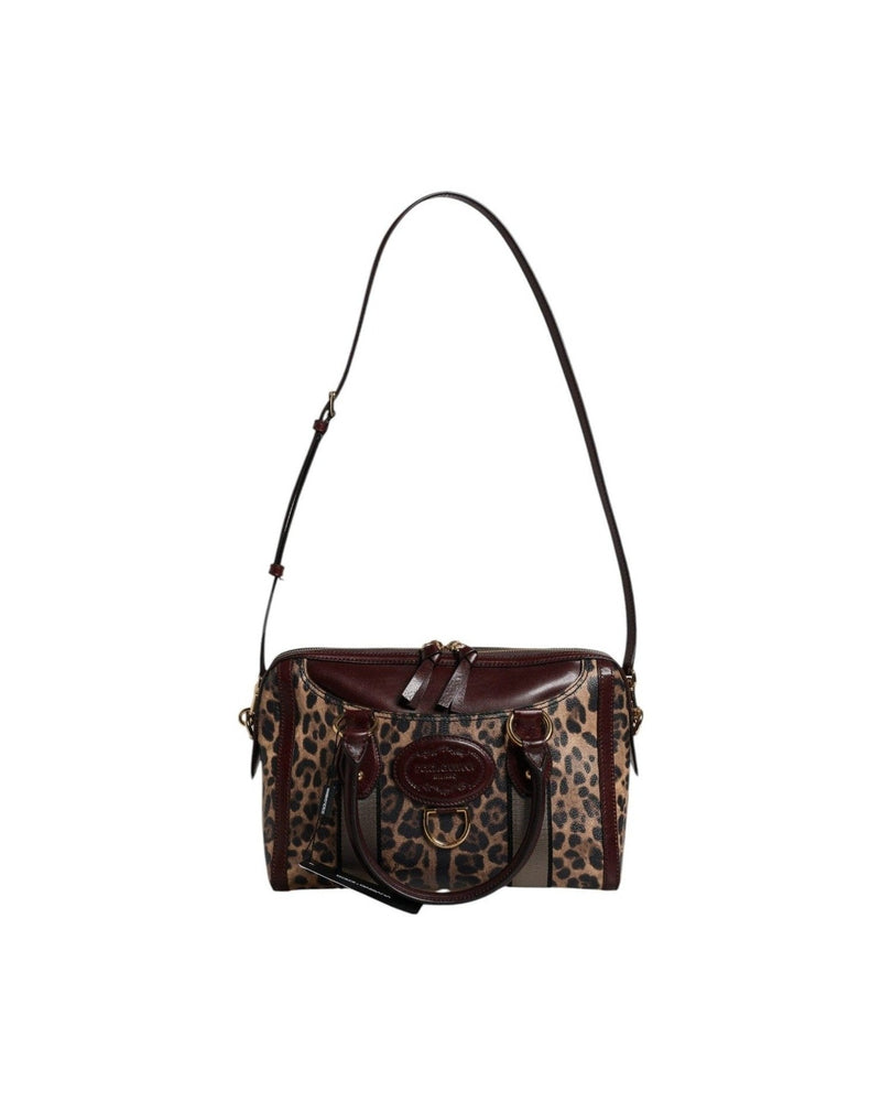 Dolce & Gabbana Brown Leather Leopard Shoulder Strap Duffle Bag Duffel Bags