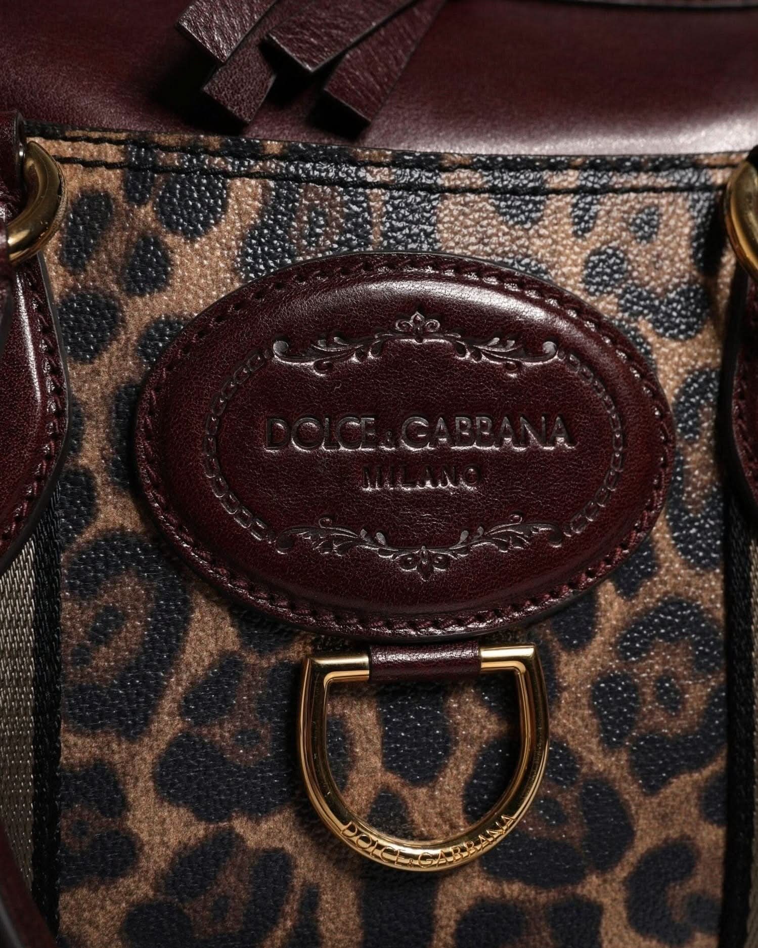 Dolce & Gabbana Brown Leather Leopard Shoulder Strap Duffle Bag Duffel Bags