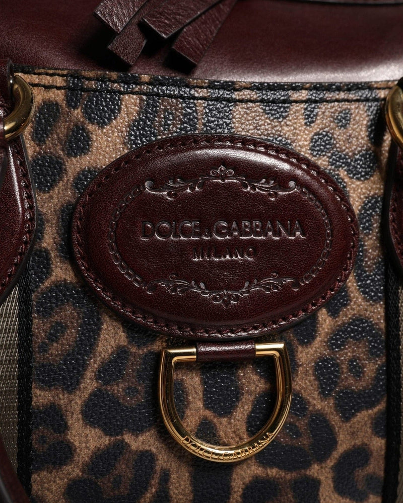 Dolce & Gabbana Brown Leather Leopard Shoulder Strap Duffle Bag Duffel Bags