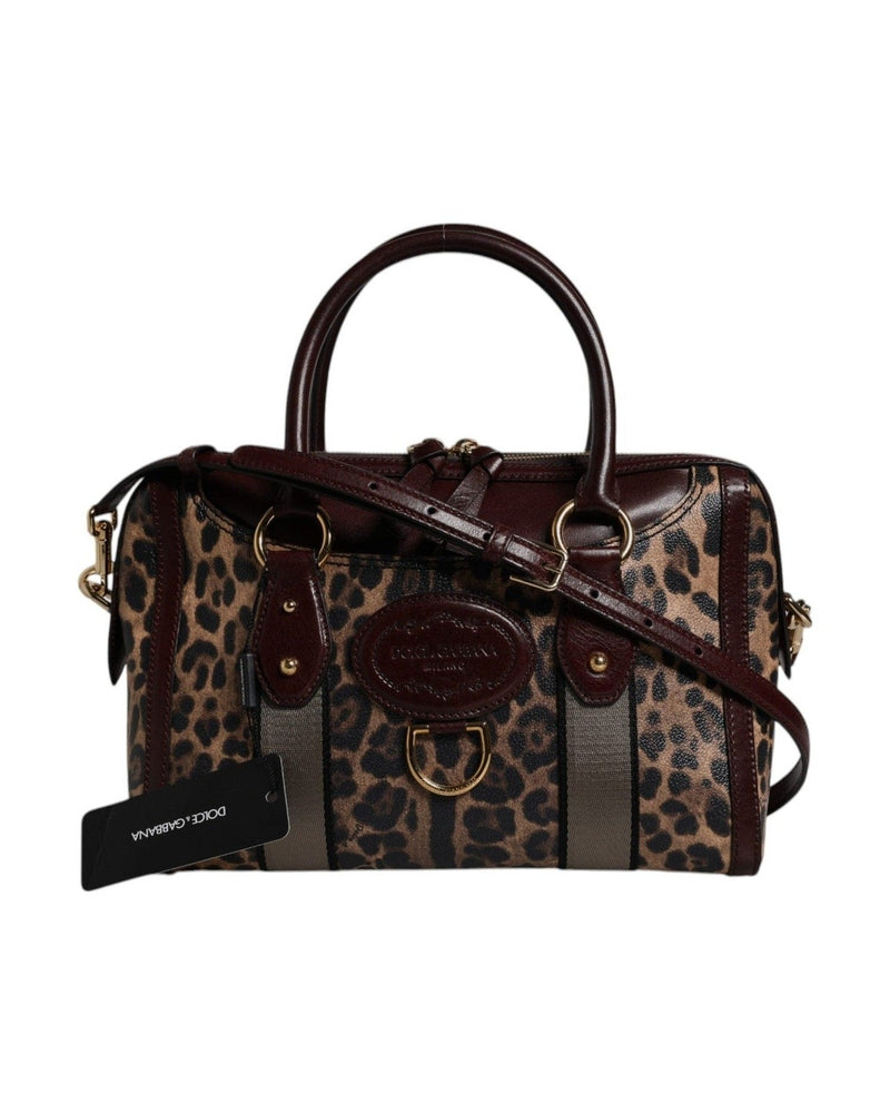 Dolce & Gabbana Brown Leather Leopard Shoulder Strap Duffle Bag Duffel Bags