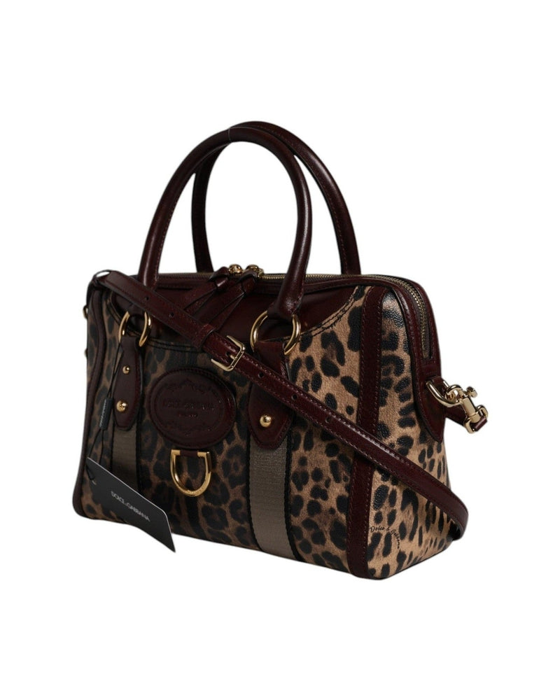 Dolce & Gabbana Brown Leather Leopard Shoulder Strap Duffle Bag Duffel Bags