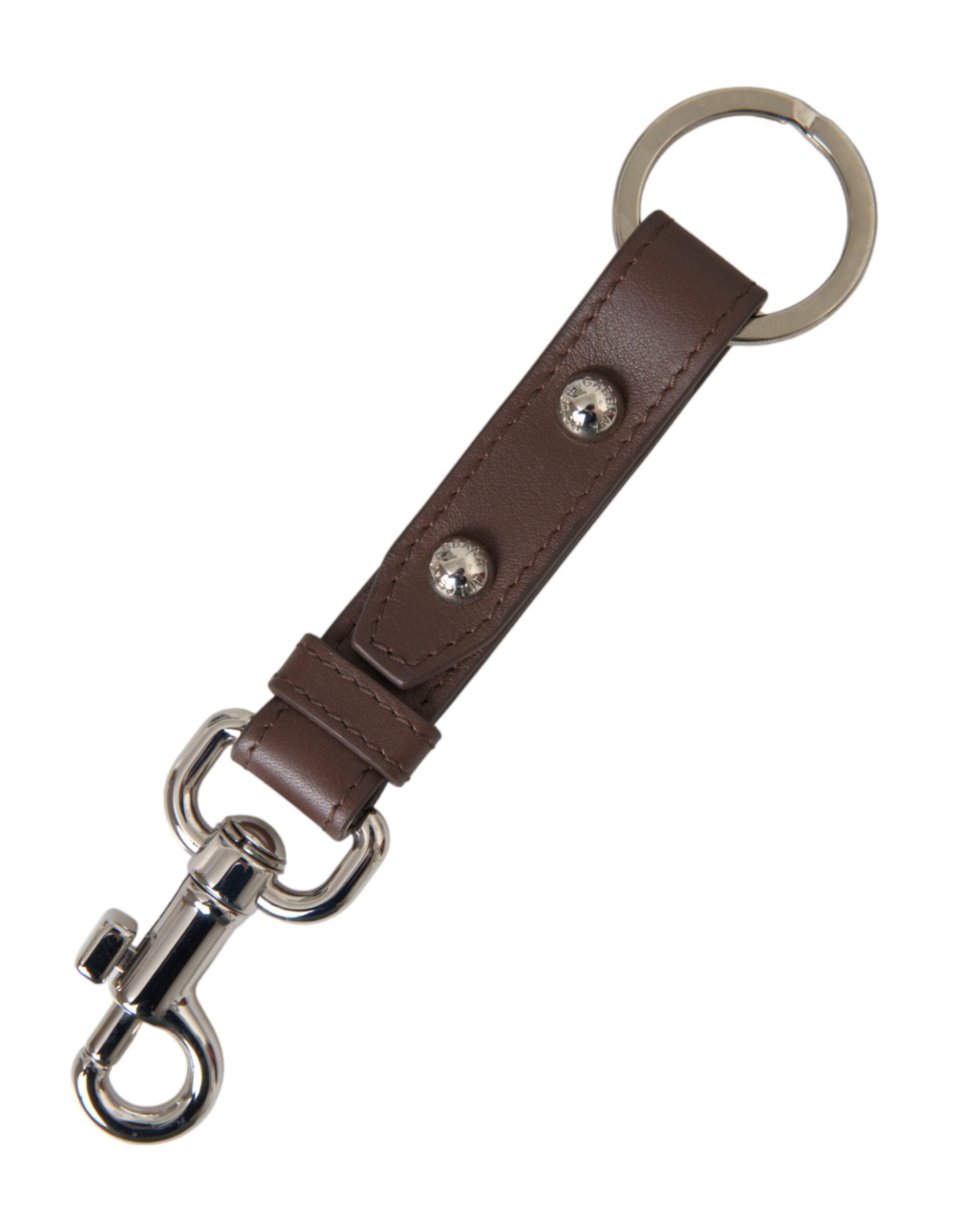 Dolce & Gabbana Brown Leather Plain Silver Brass Keyring Holder Keychain Glam Steals