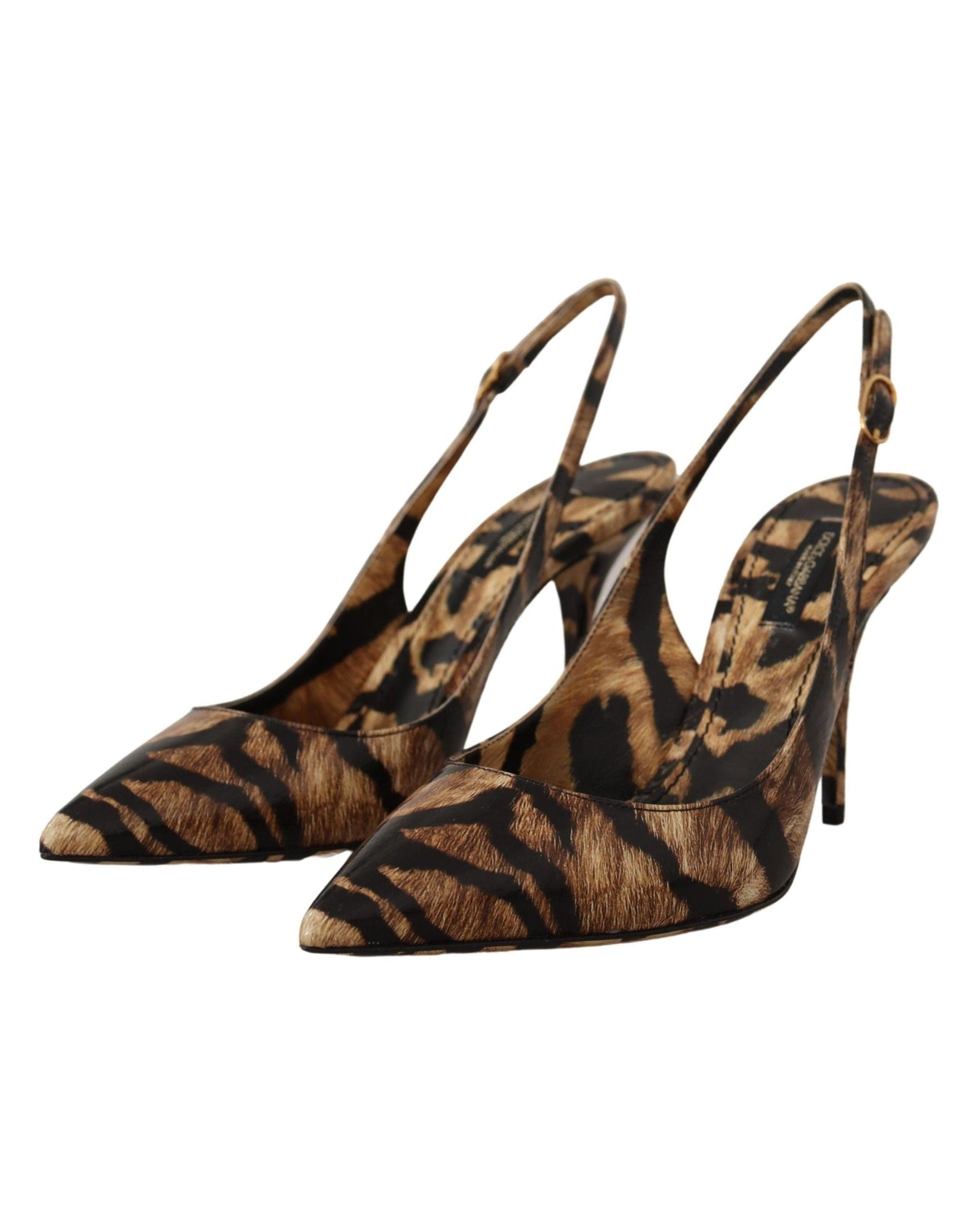 Dolce & Gabbana Brown Leather Slingbacks Tiger Shoes Heels