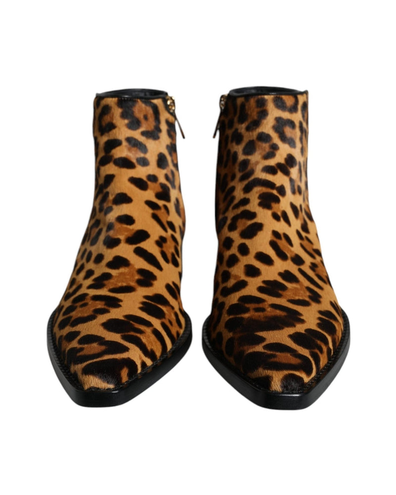 Dolce & Gabbana Brown Leopard Calf Fur Ankle Boots Shoes Boots