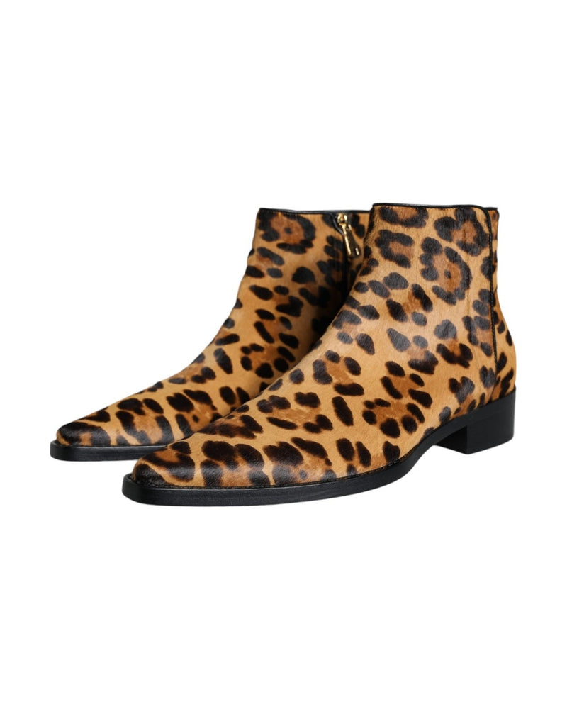 Dolce & Gabbana Brown Leopard Calf Fur Ankle Boots Shoes Boots
