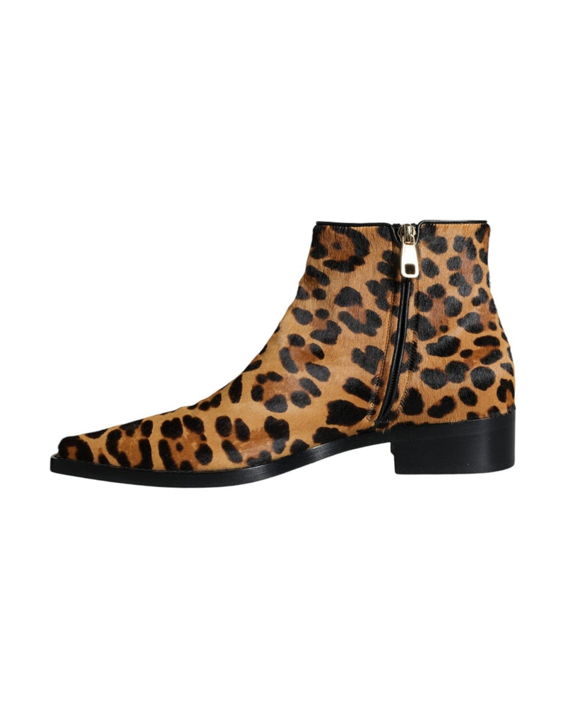 Dolce & Gabbana Brown Leopard Calf Fur Ankle Boots Shoes Boots