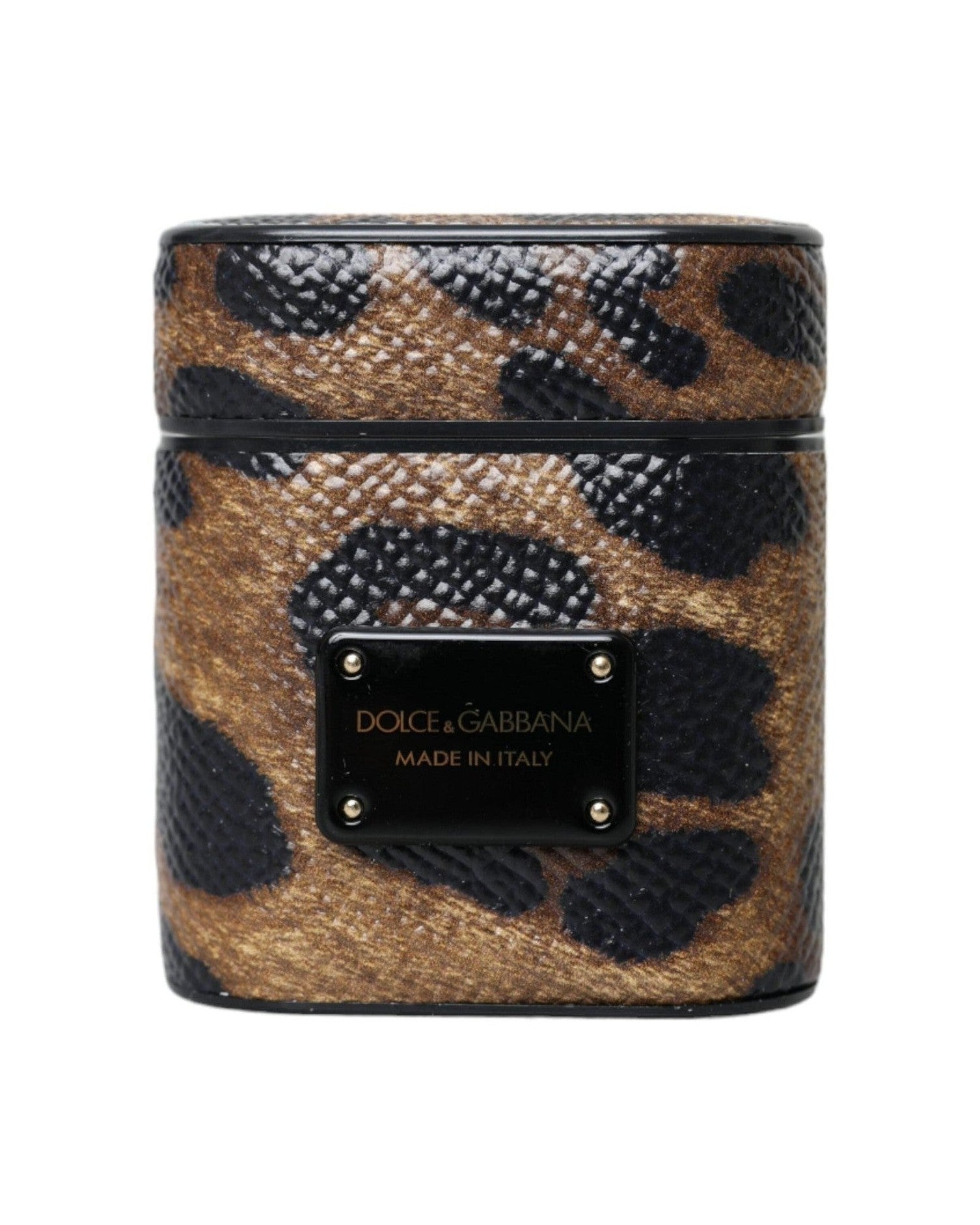 Dolce & Gabbana Leopard Calf Leather Metal Logo Plaque Airpods Brown Case Glam Steals