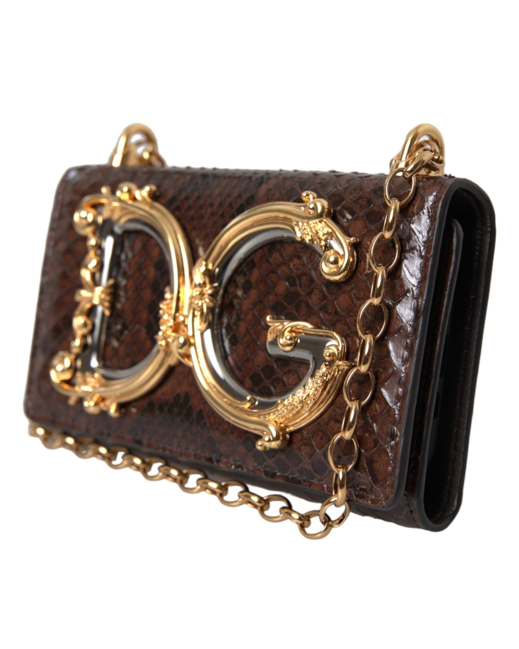 Dolce & Gabbana Brown Leather Python Crossbody Phone Bag Cross Body Bags