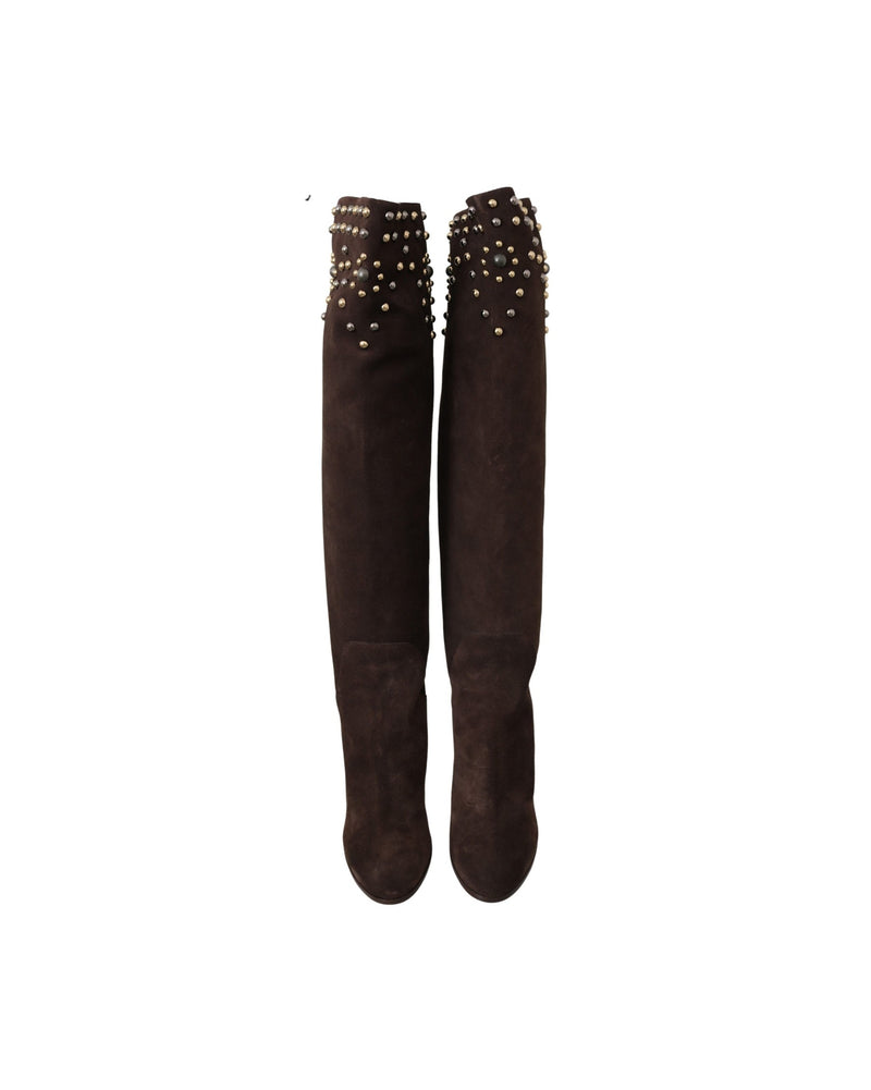 Dolce & Gabbana Brown Suede Studded Knee High Shoes Boots Glam Steals