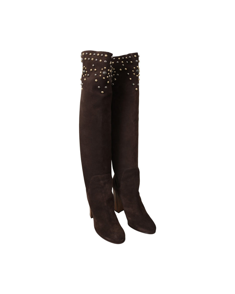 Dolce & Gabbana Brown Suede Studded Knee High Shoes Boots Glam Steals