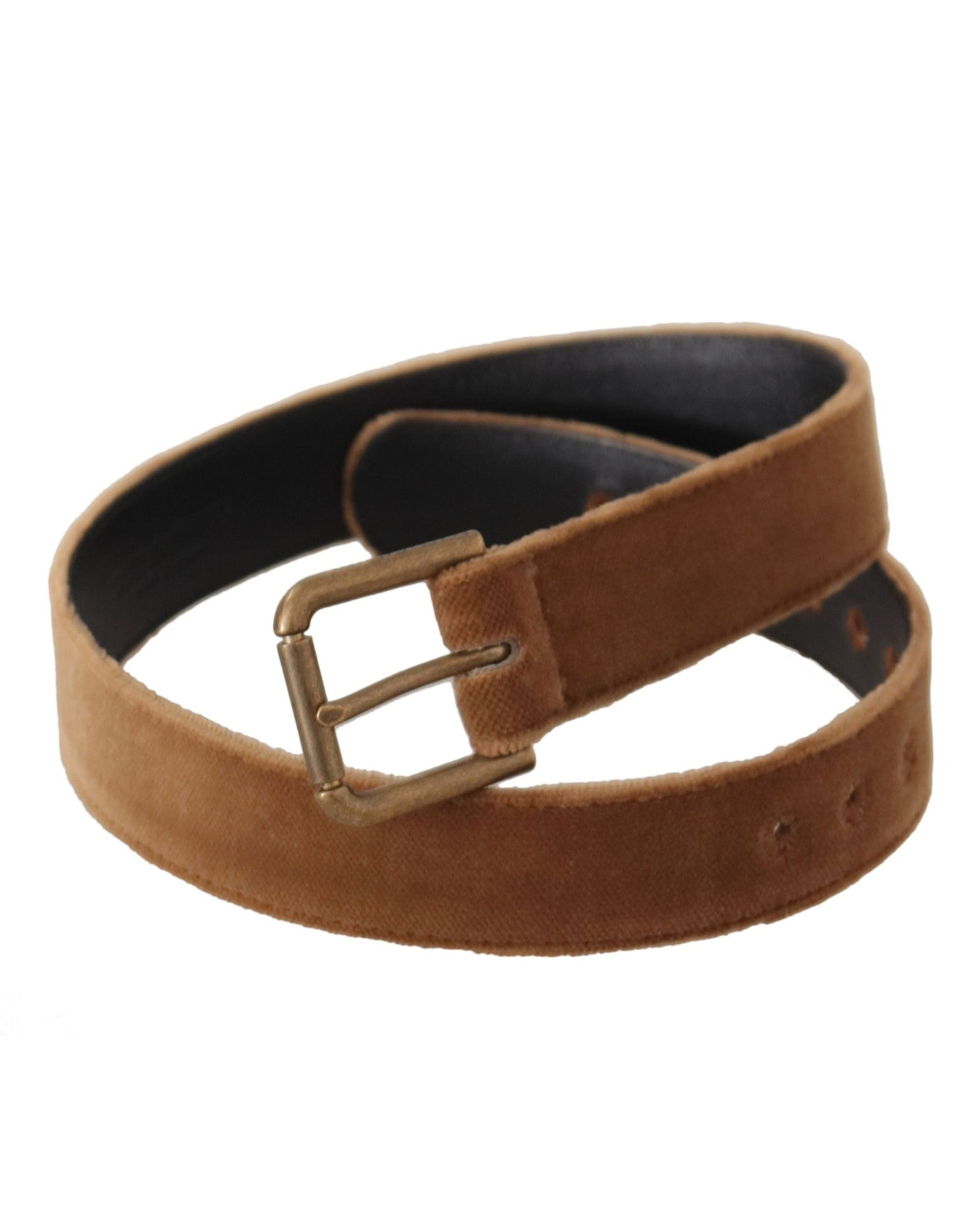 Dolce & Gabbana Brown Velvet Bronze Vintage Logo Metal Buckle Belt Belts