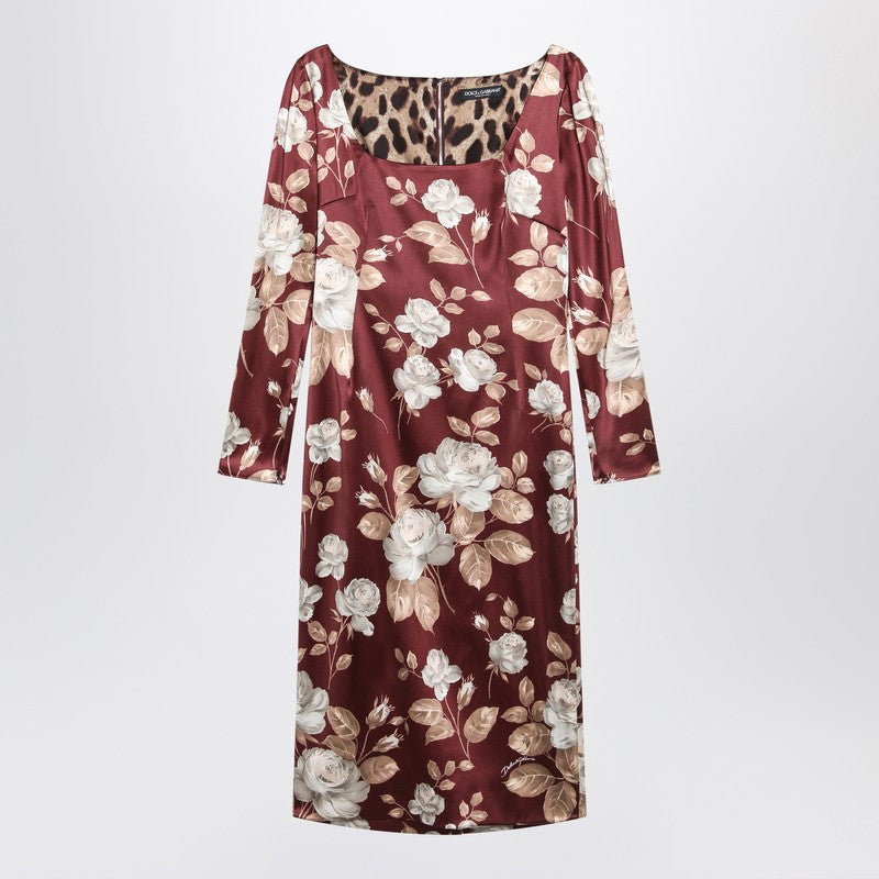 Dolce & Gabbana Burgundy Satin Dress with Floral Print Glam Steals