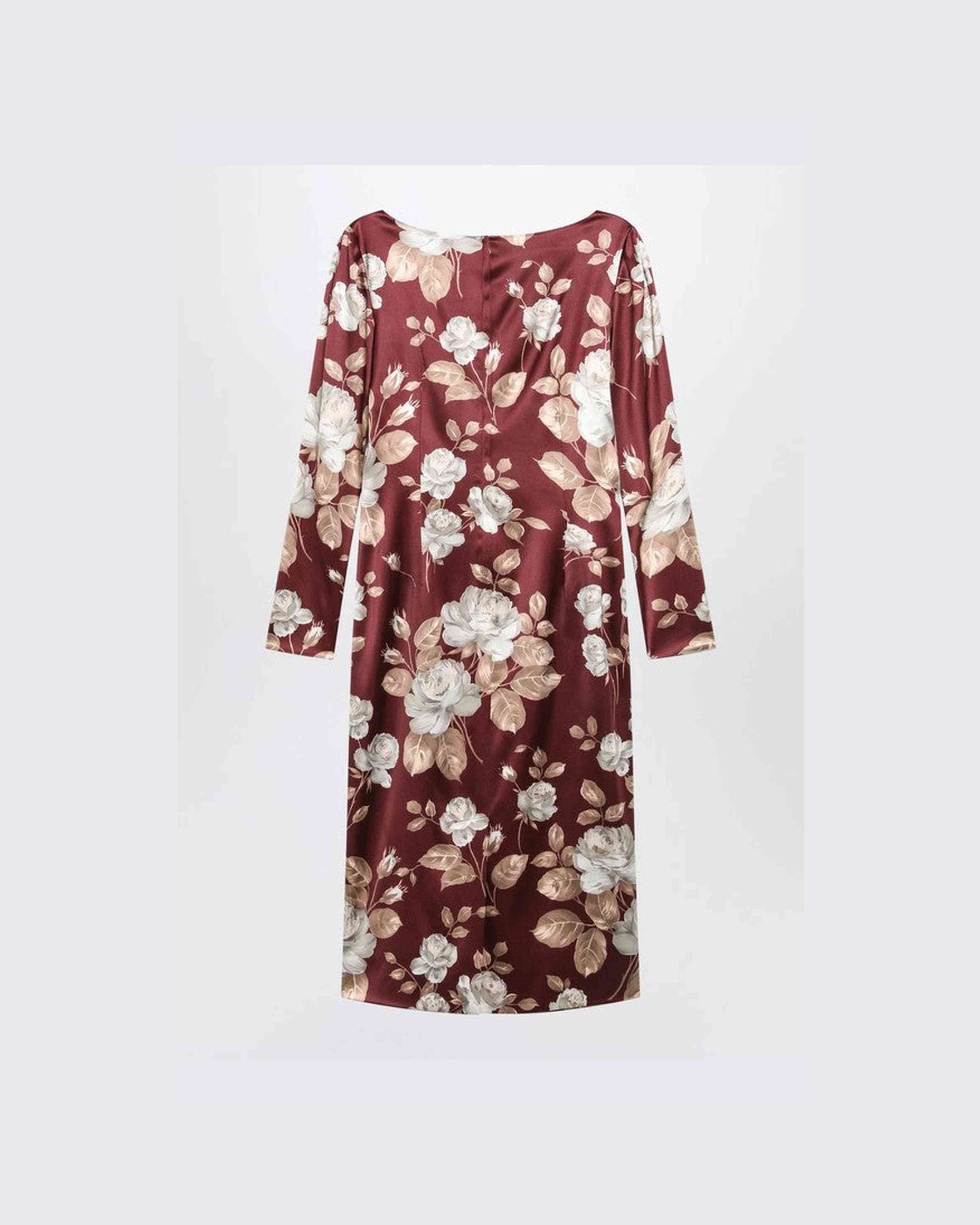 Dolce & Gabbana Burgundy Satin Dress with Floral Print Glam Steals