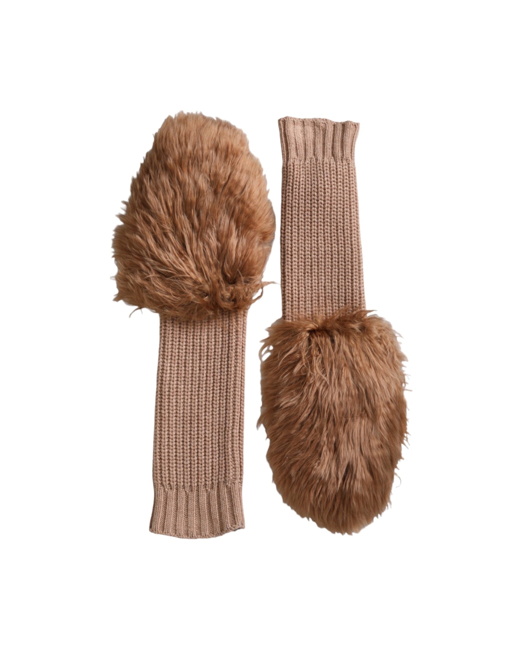 Dolce & Gabbana Cashmere Knitted Fur Mid Arm Mitten Brown Gloves Glam Steals