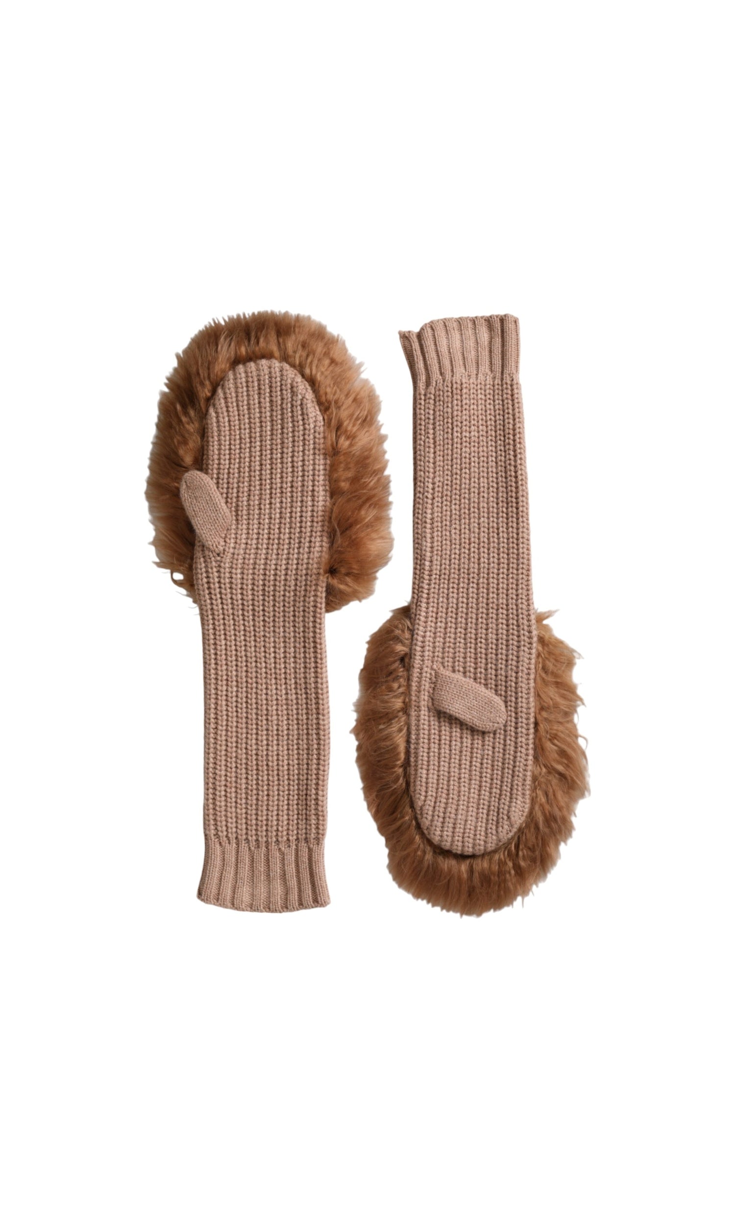 Dolce & Gabbana Cashmere Knitted Fur Mid Arm Mitten Brown Gloves Glam Steals