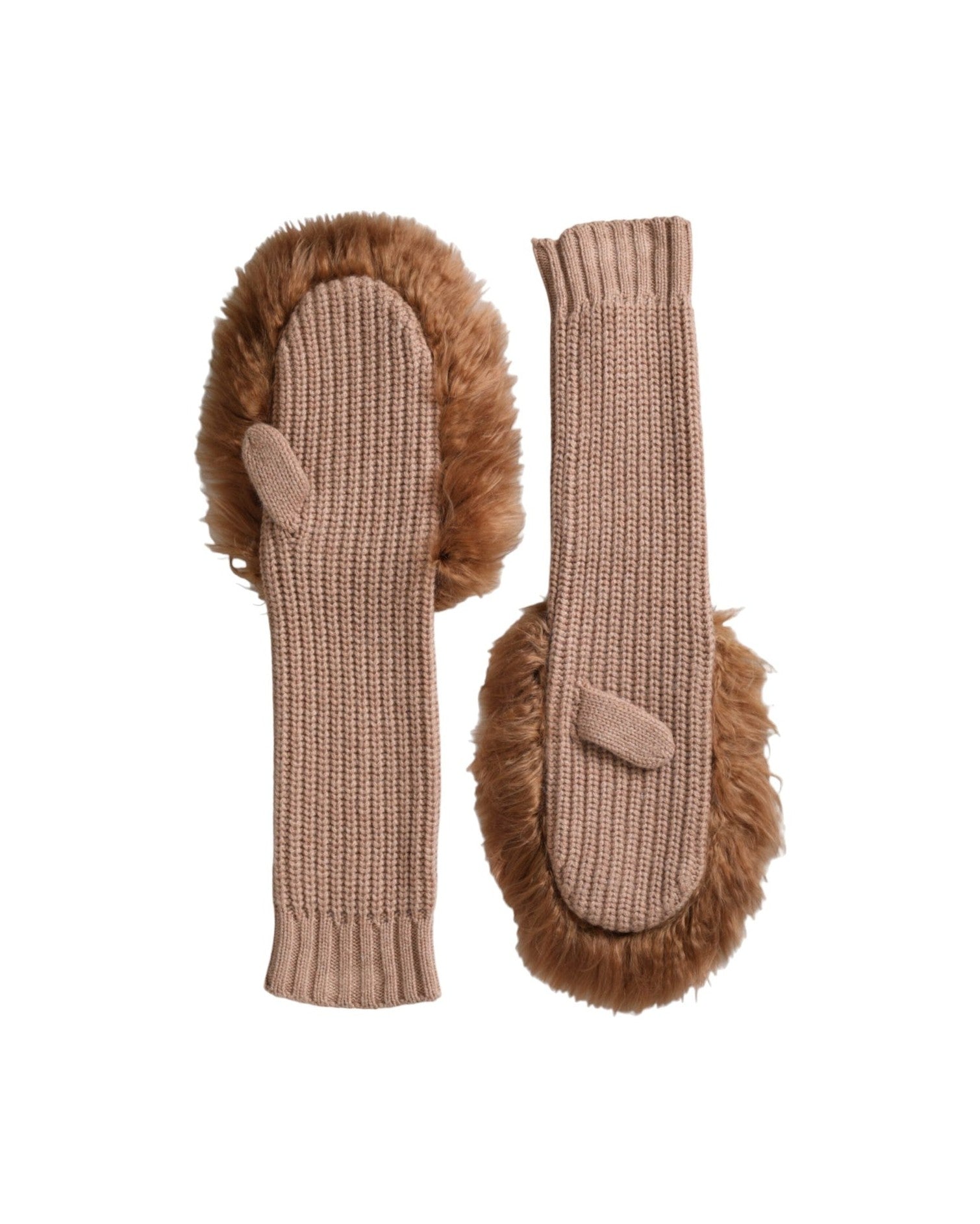 Dolce & Gabbana Cashmere Knitted Fur Mid Arm Mitten Brown Gloves Glam Steals