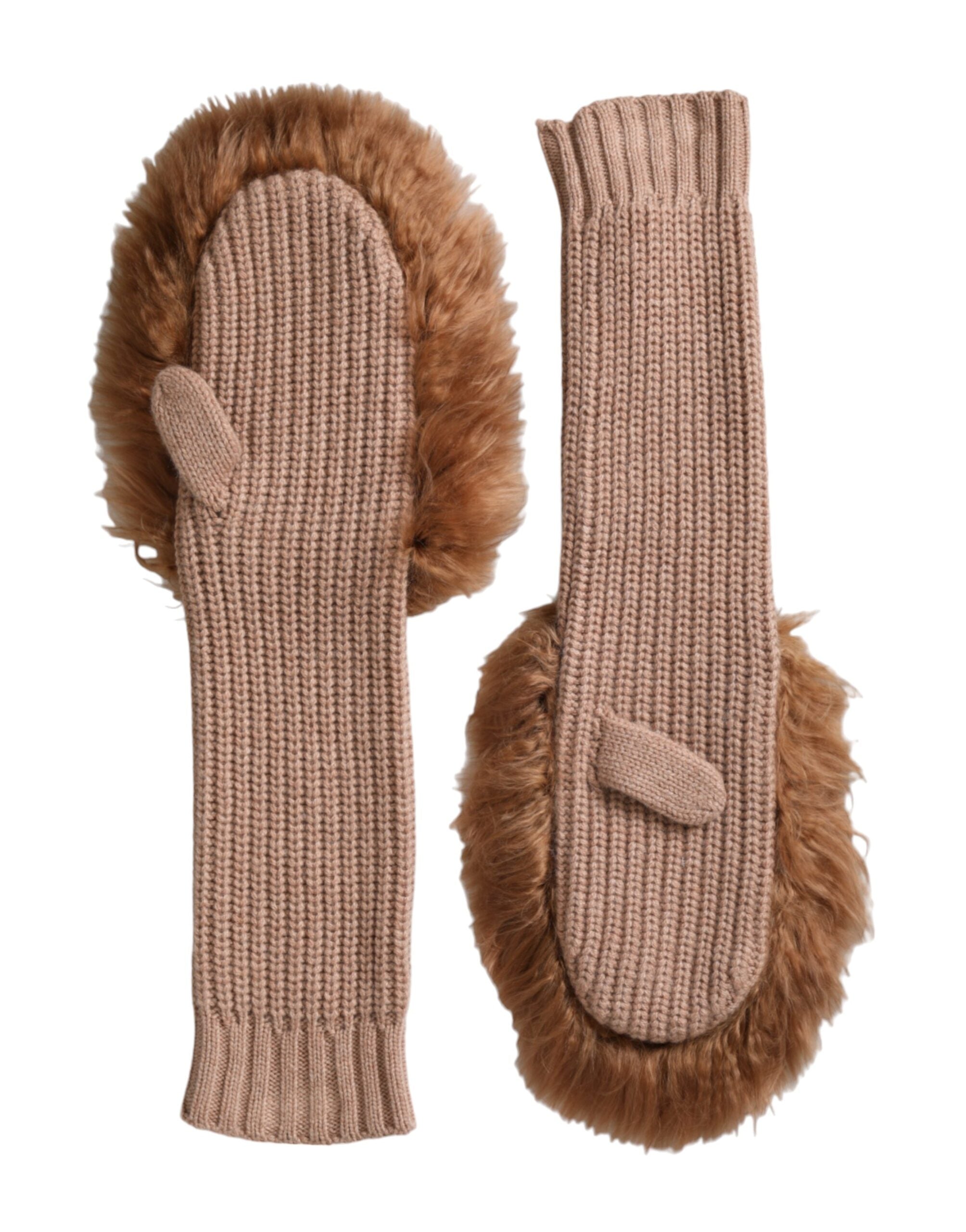 Dolce & Gabbana Cashmere Knitted Fur Mid Arm Mitten Brown Gloves Glam Steals